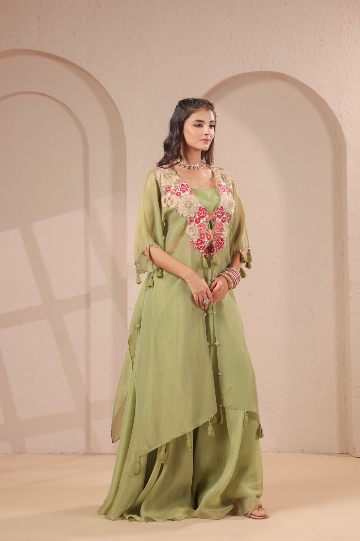 Sage Embellished Shimmer Organza Silk Palazzo Set