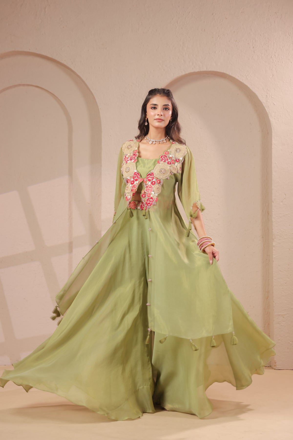 Sage Embellished Shimmer Organza Silk Palazzo Set