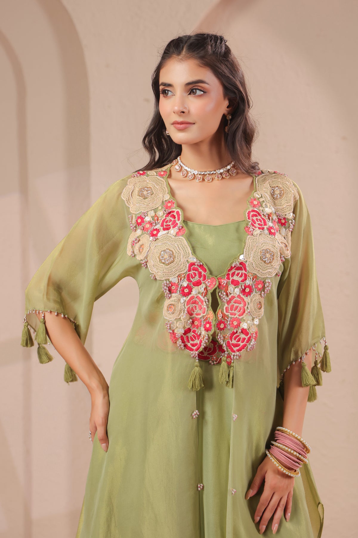 Sage Embellished Shimmer Organza Silk Palazzo Set