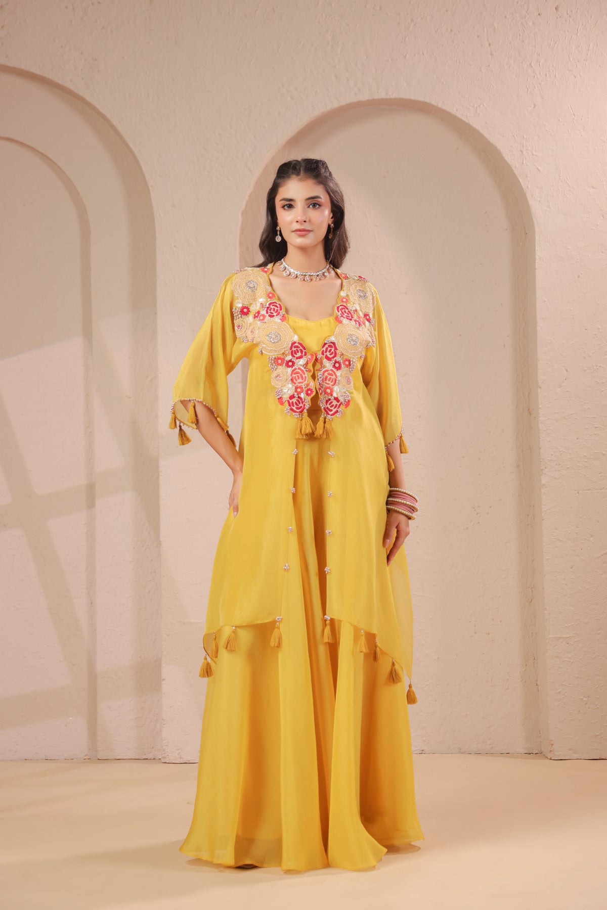 Lime Embellished Shimmer Organza Silk Palazzo Set
