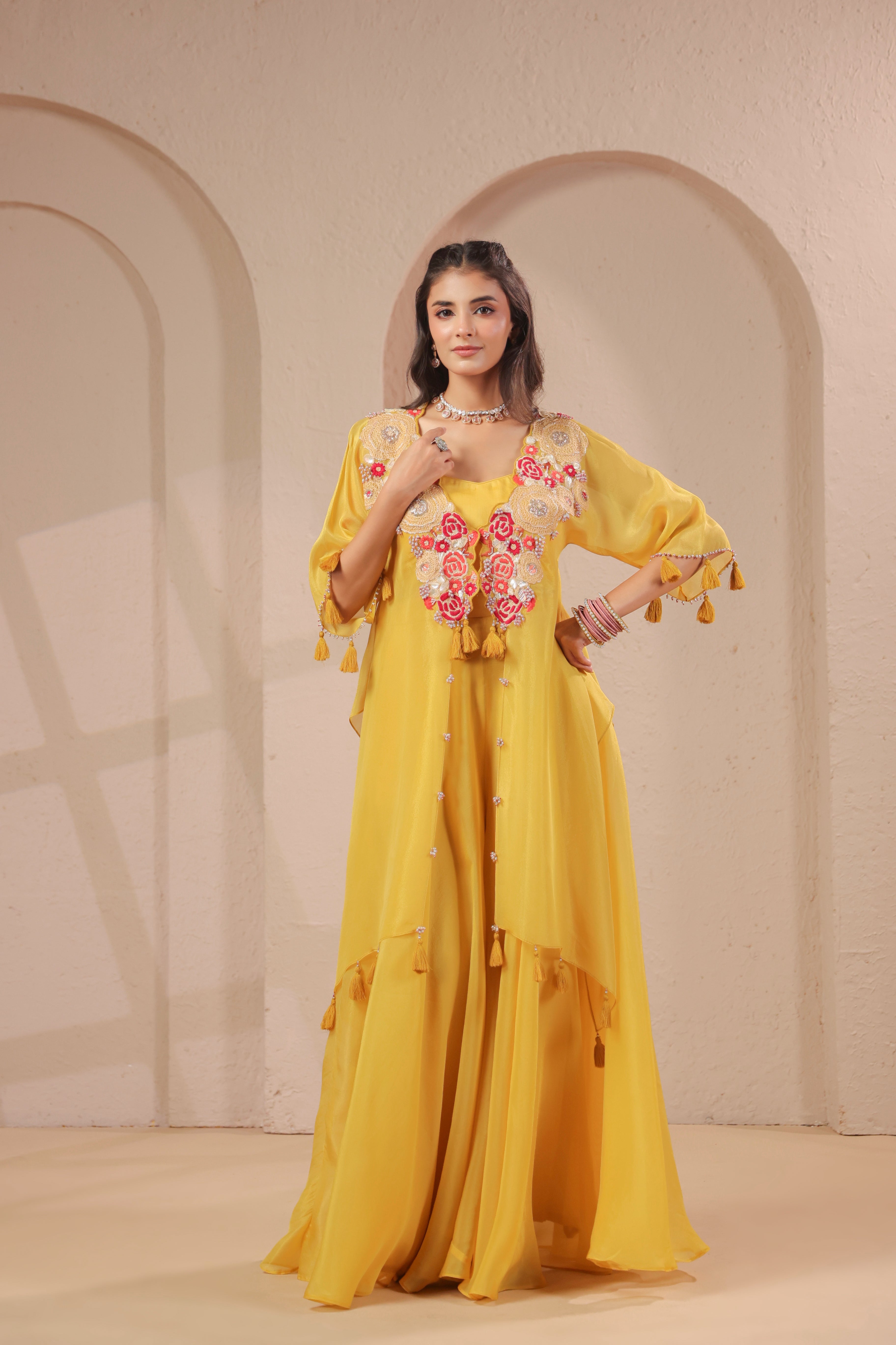 Lime Embellished Shimmer Organza Silk Palazzo Set