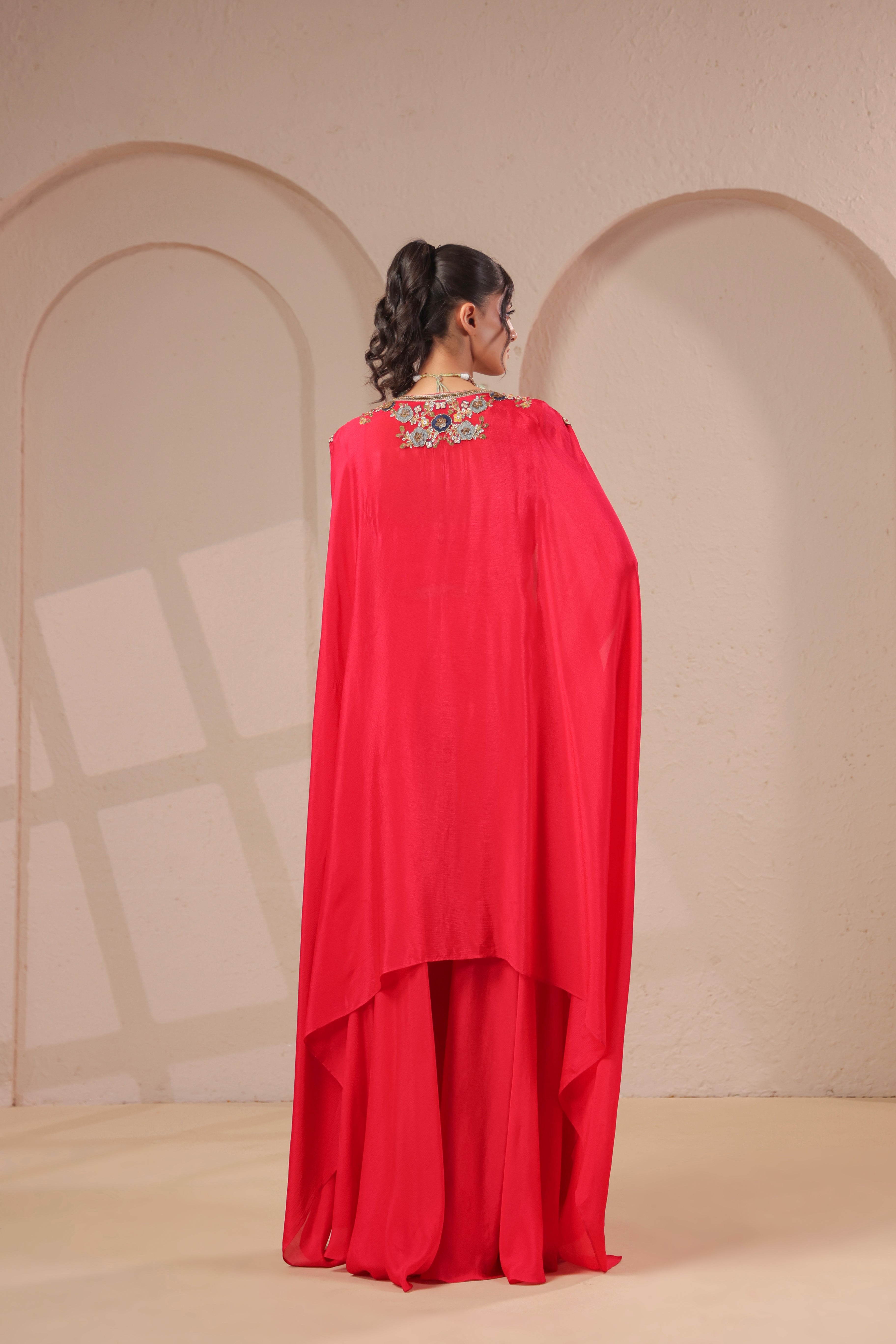 Red Cherry Embellished Chinon Silk Palazzo Set