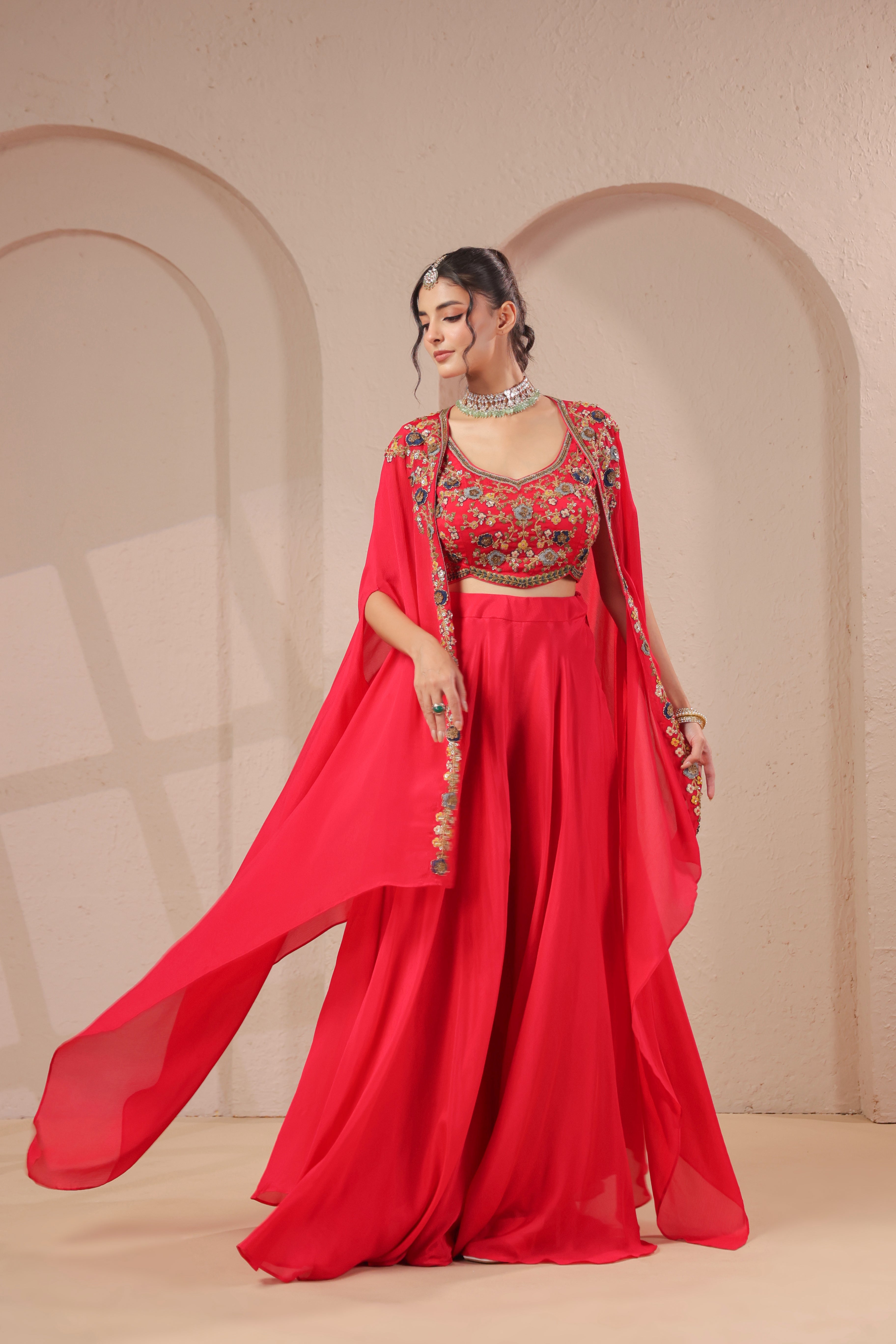 Red Cherry Embellished Chinon Silk Palazzo Set