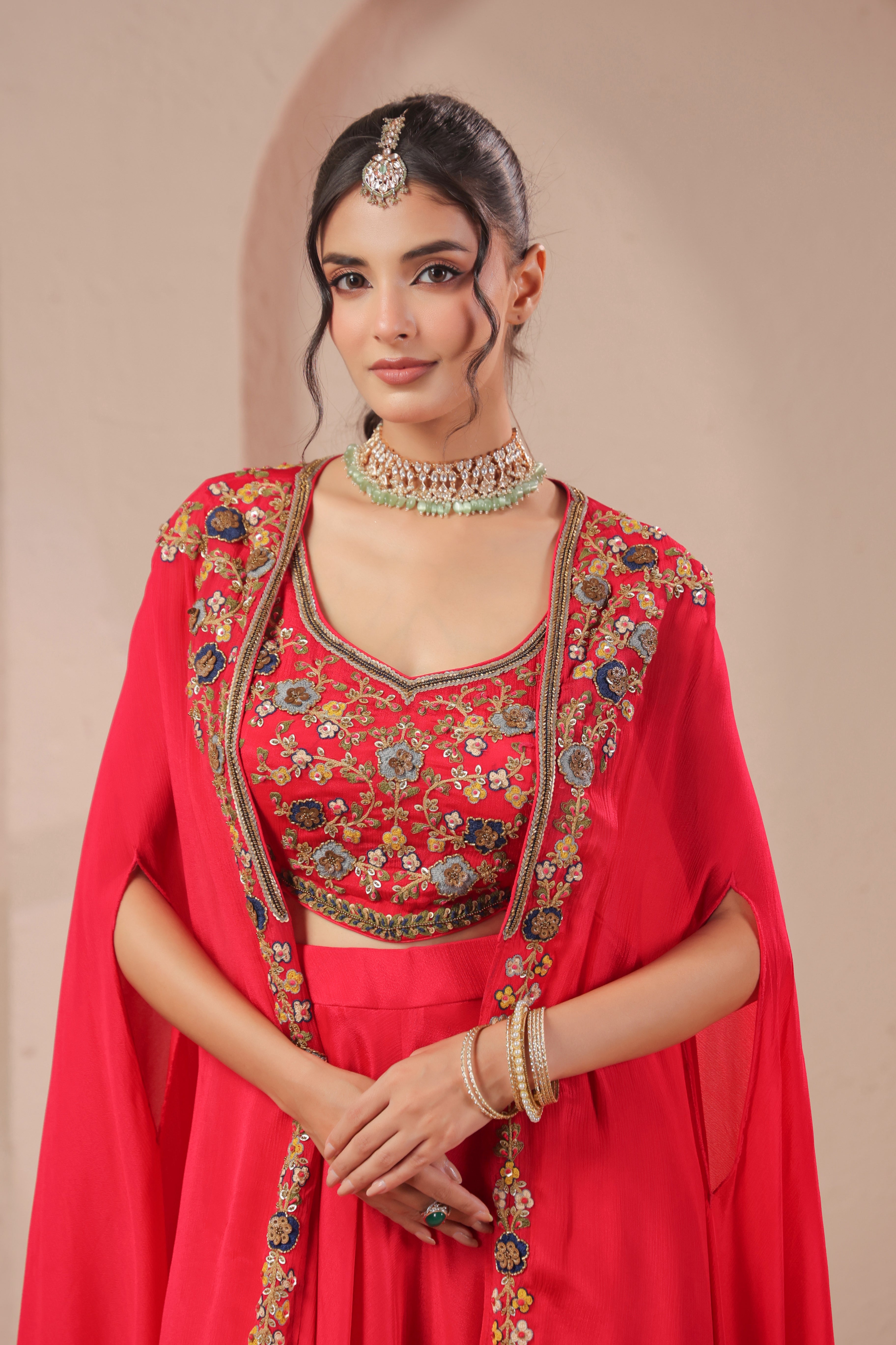 Red Cherry Embellished Chinon Silk Palazzo Set