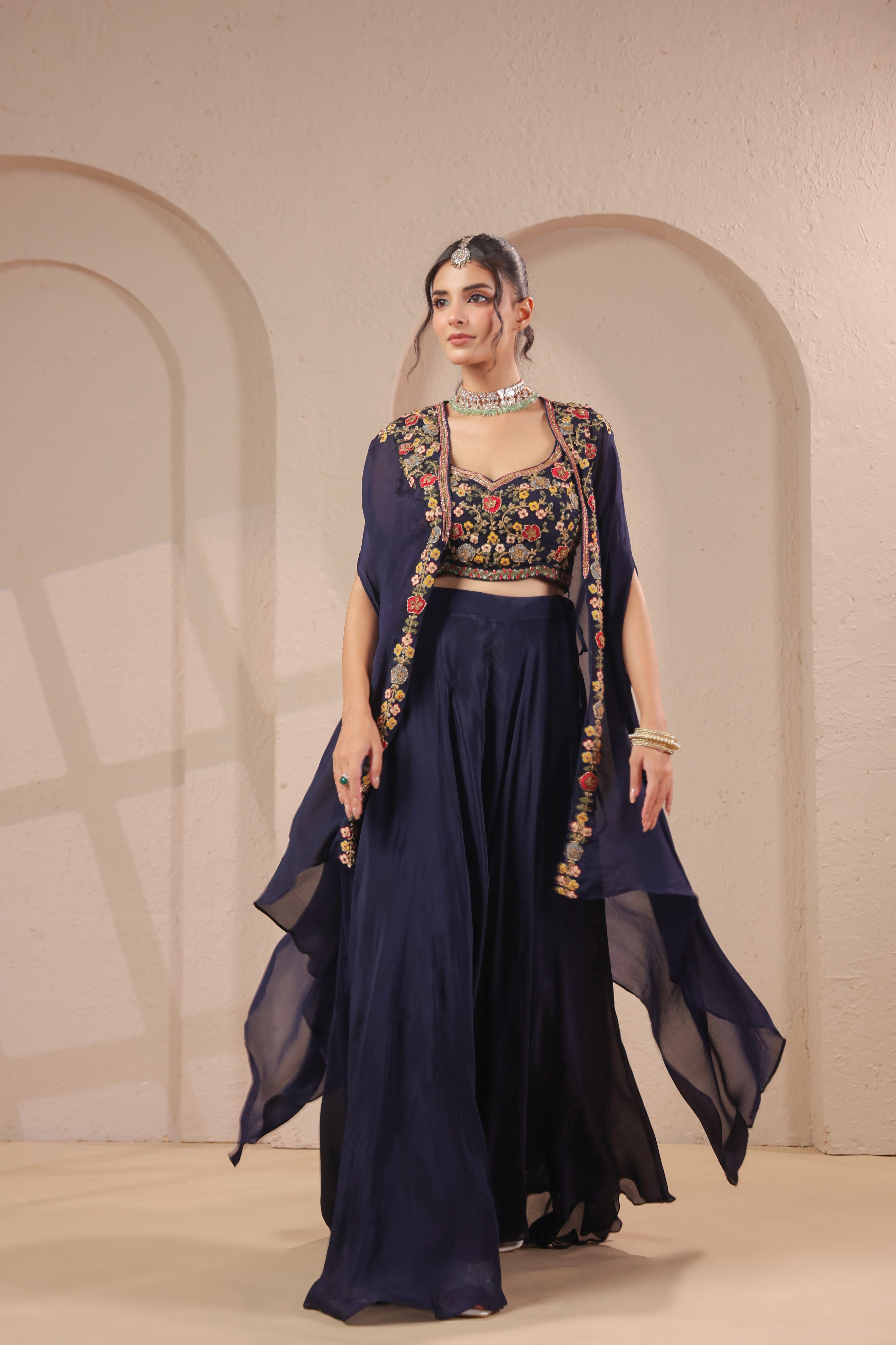 Midnight Navy Embellished Chinon Silk Palazzo Set