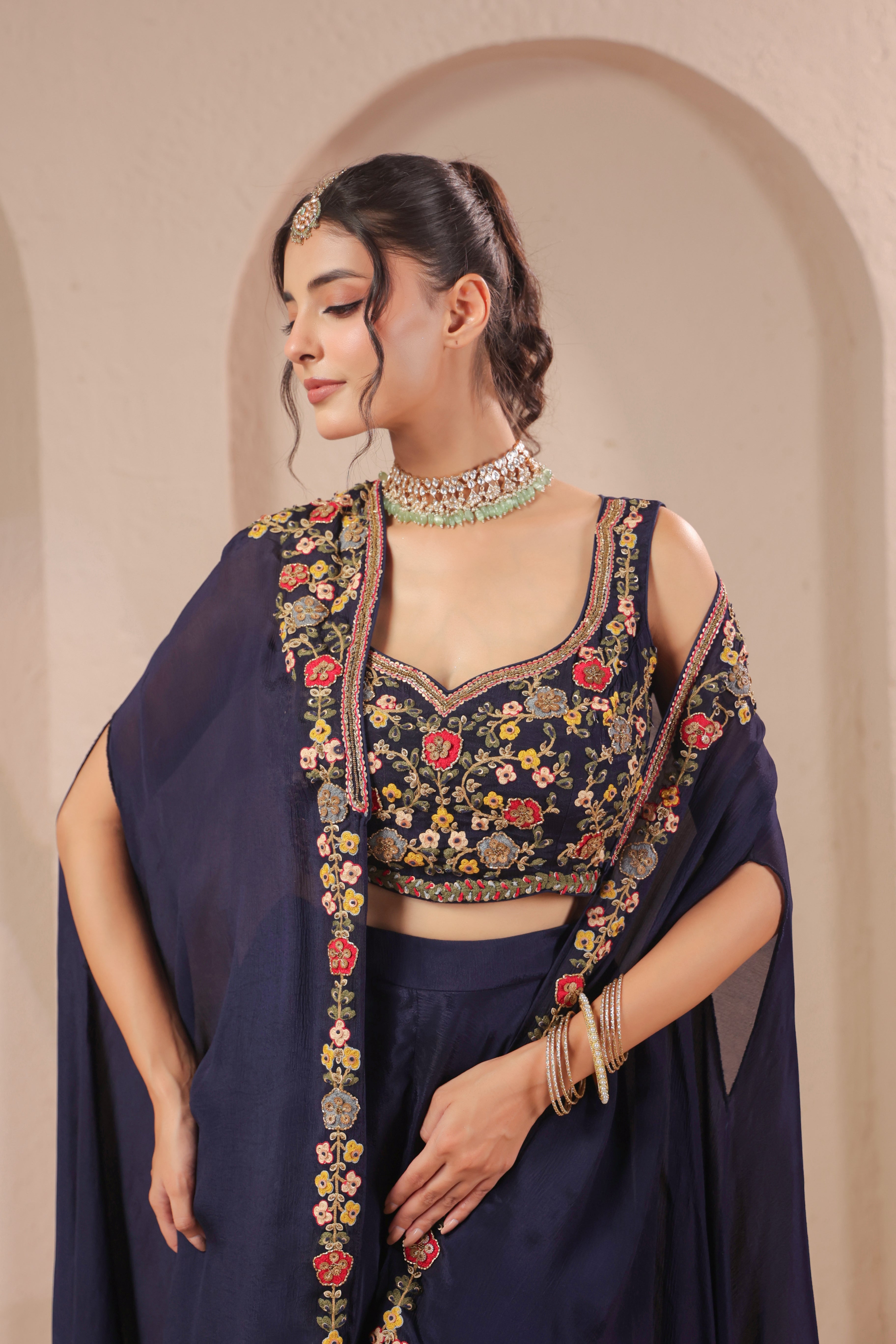 Midnight Navy Embellished Chinon Silk Palazzo Set