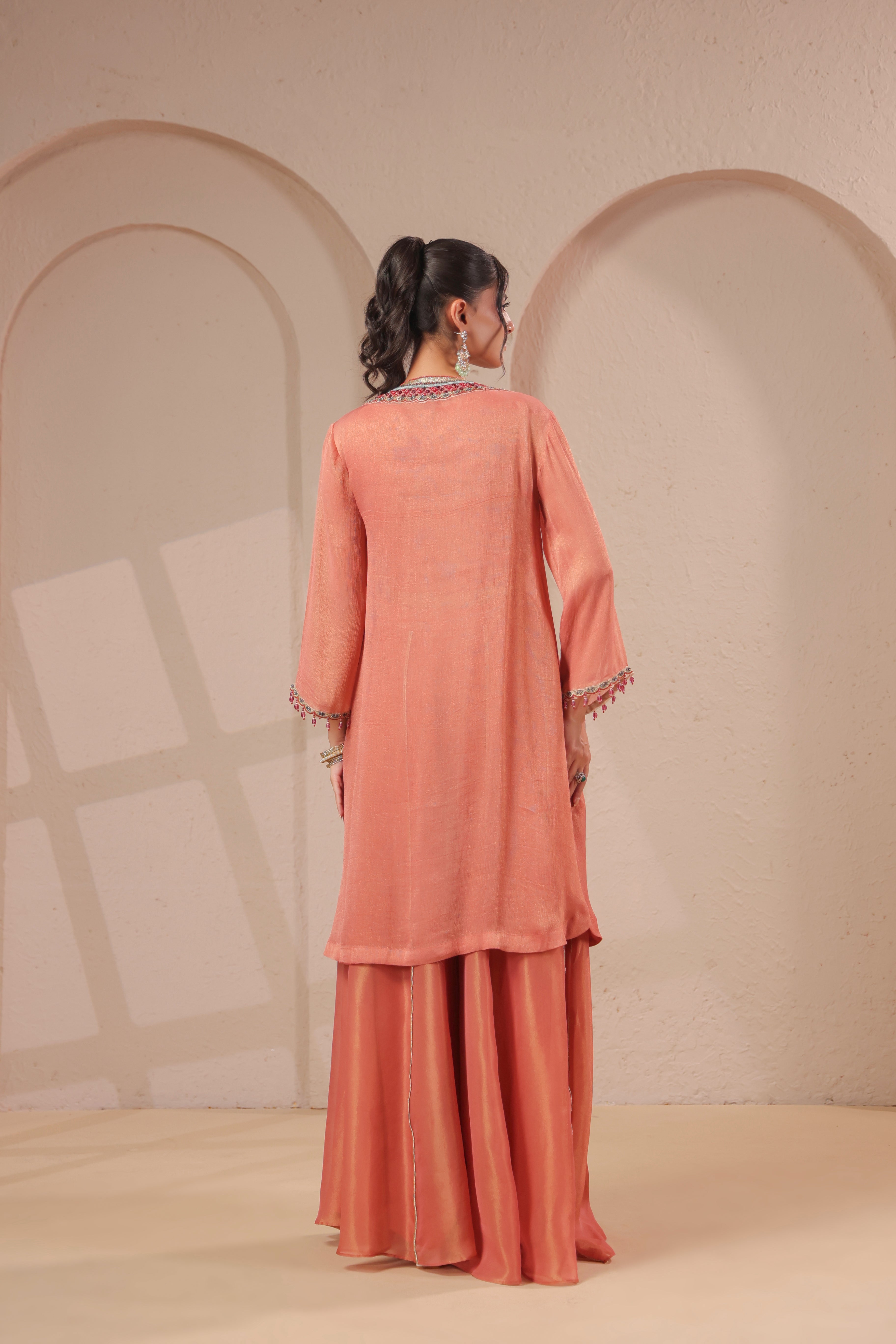 Coral Embellished Shimmer Organza Silk Palazzo Set
