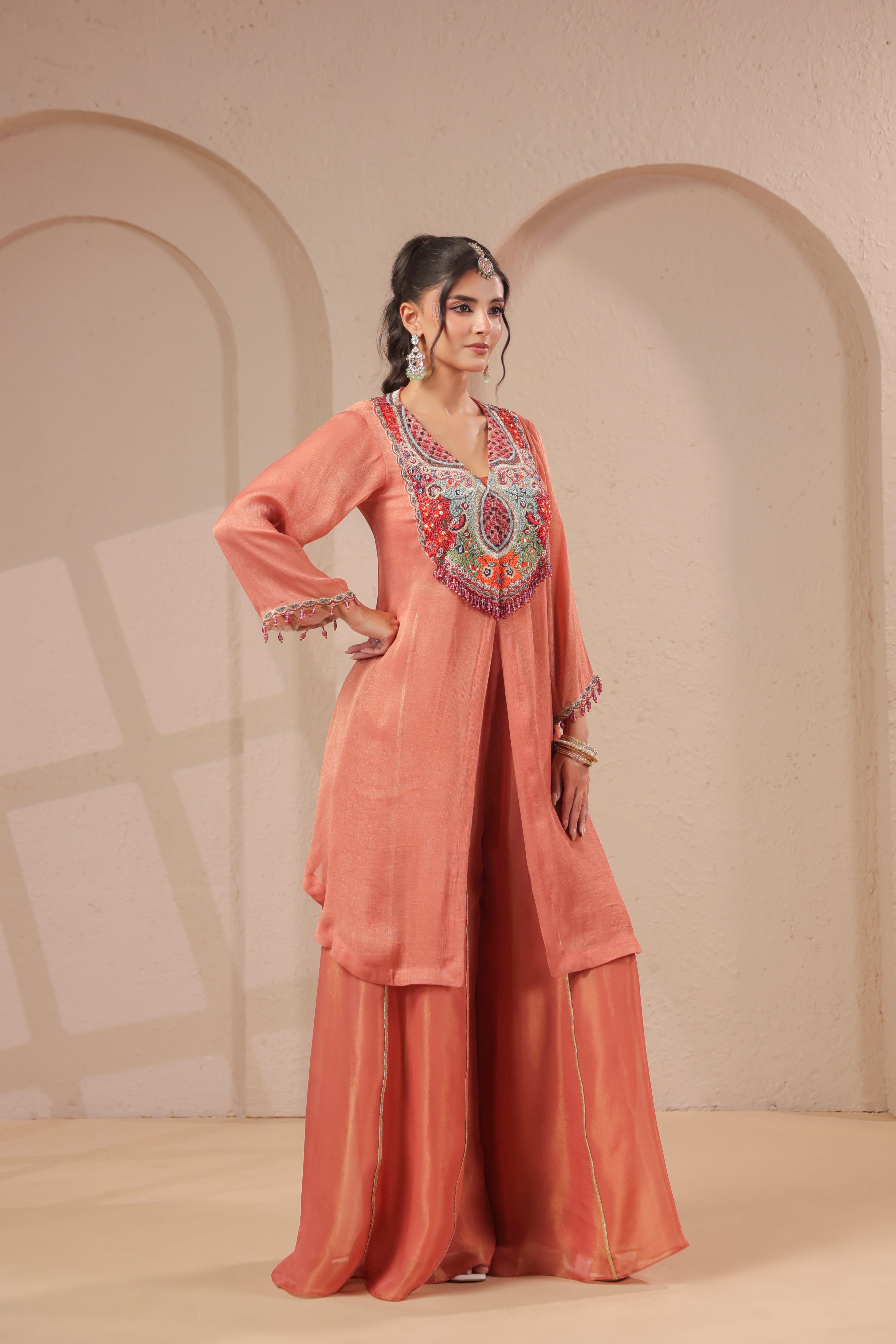 Coral Embellished Shimmer Organza Silk Palazzo Set