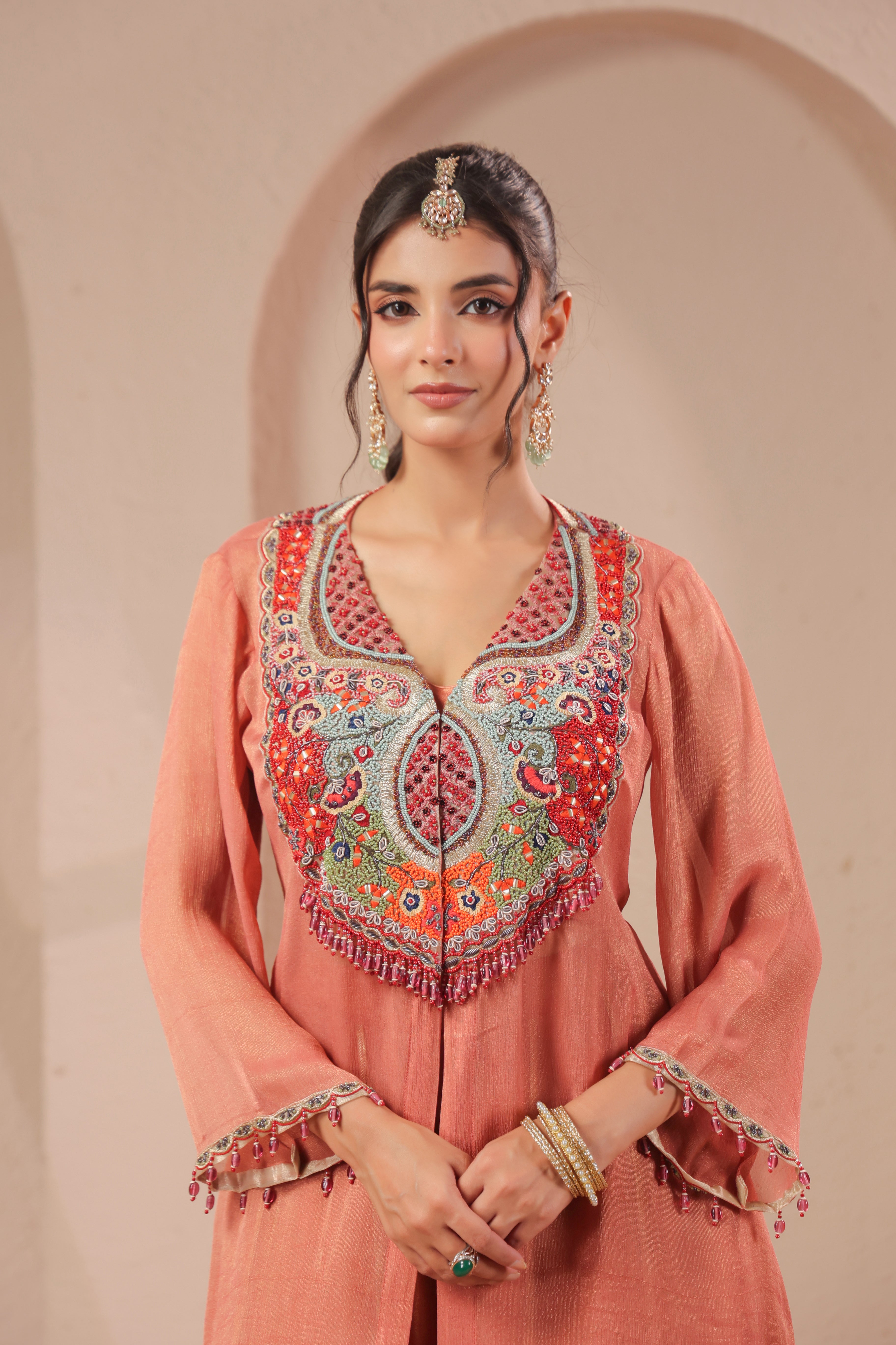 Coral Embellished Shimmer Organza Silk Palazzo Set