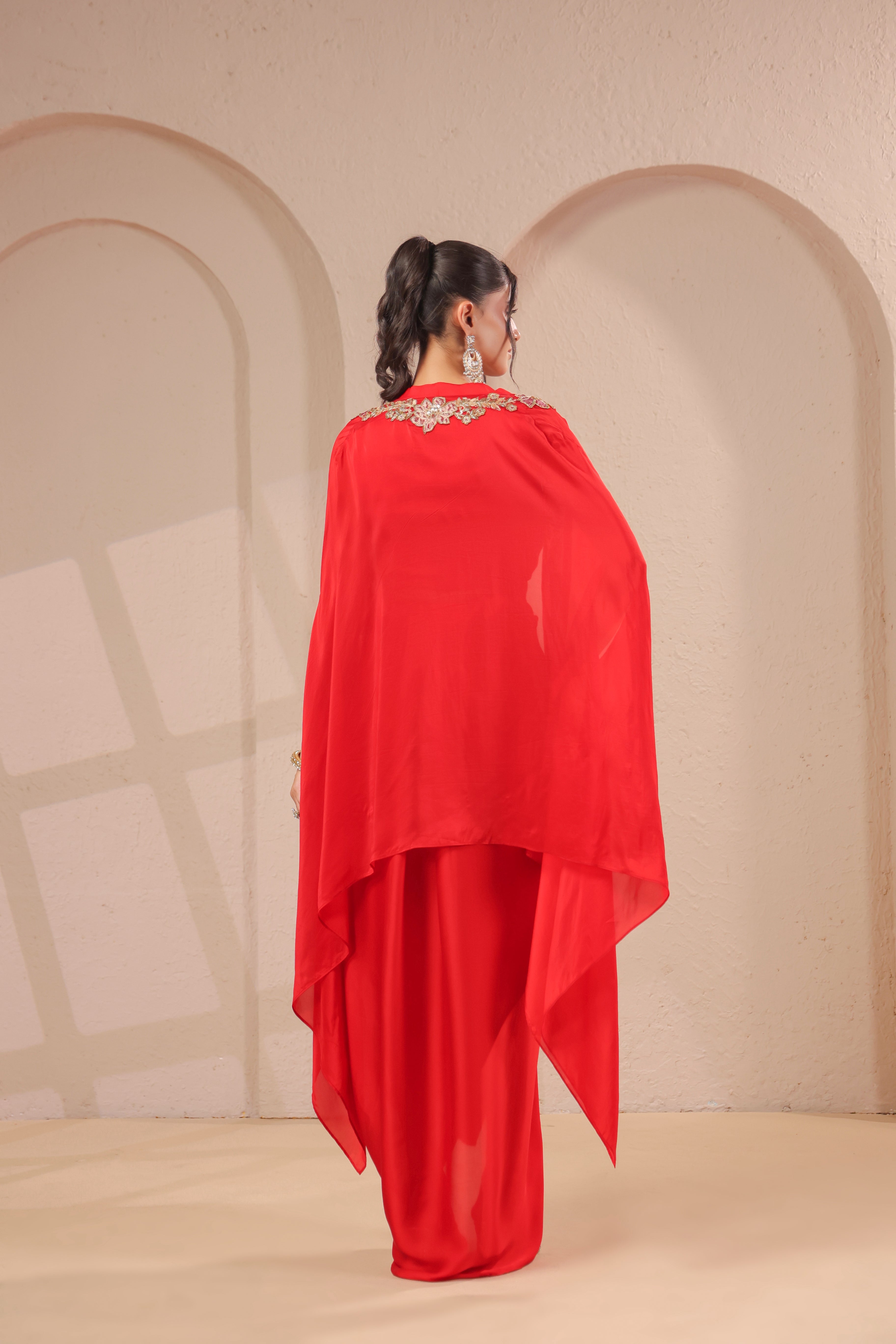 Red Garnet Embellished Modal Satin Silk Skirt Set