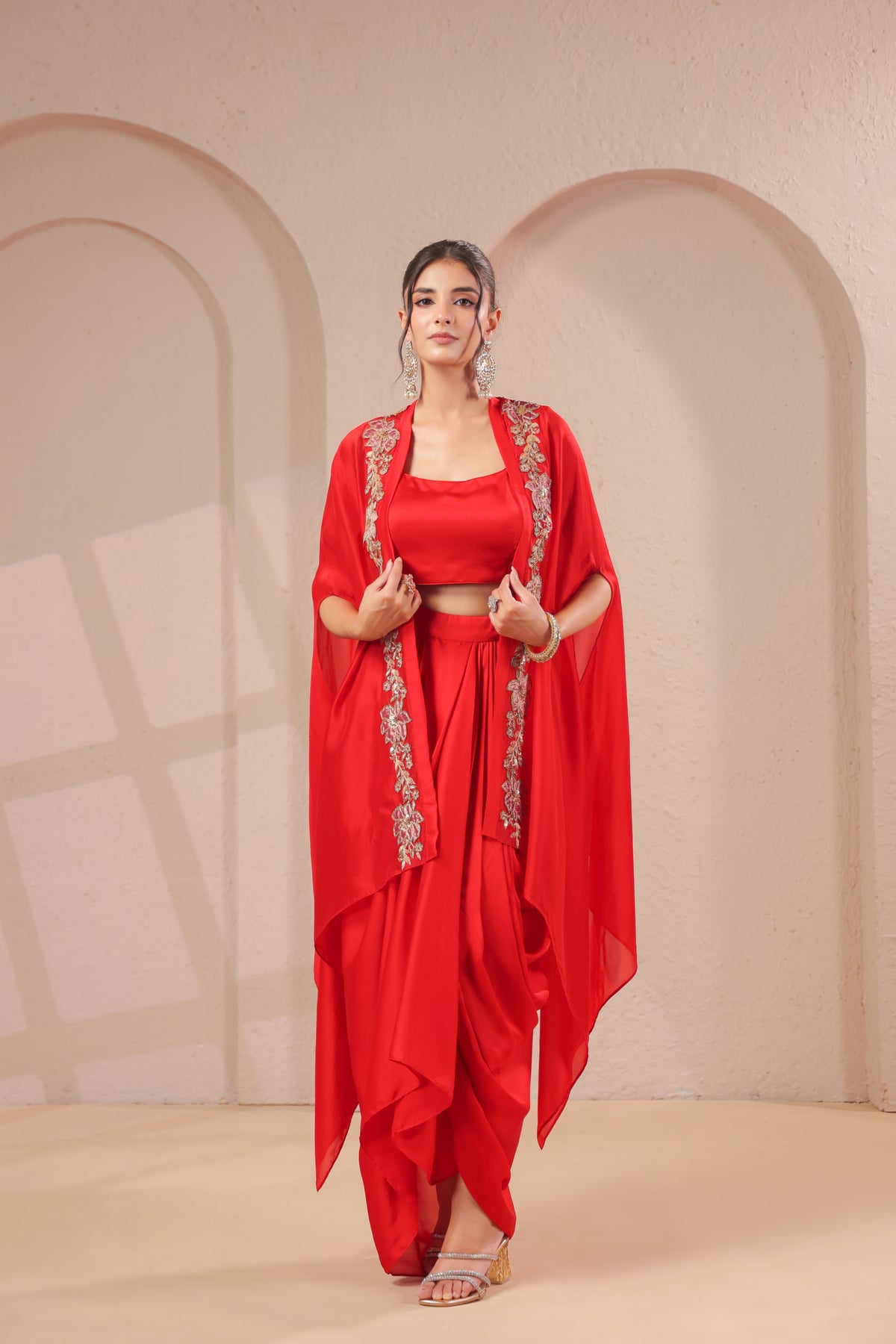 Red Garnet Embellished Modal Satin Silk Skirt Set