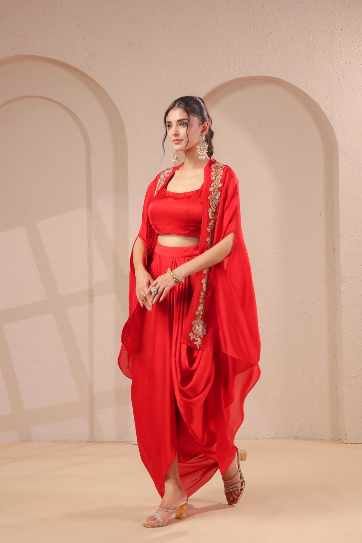 Red Garnet Embellished Modal Satin Silk Skirt Set