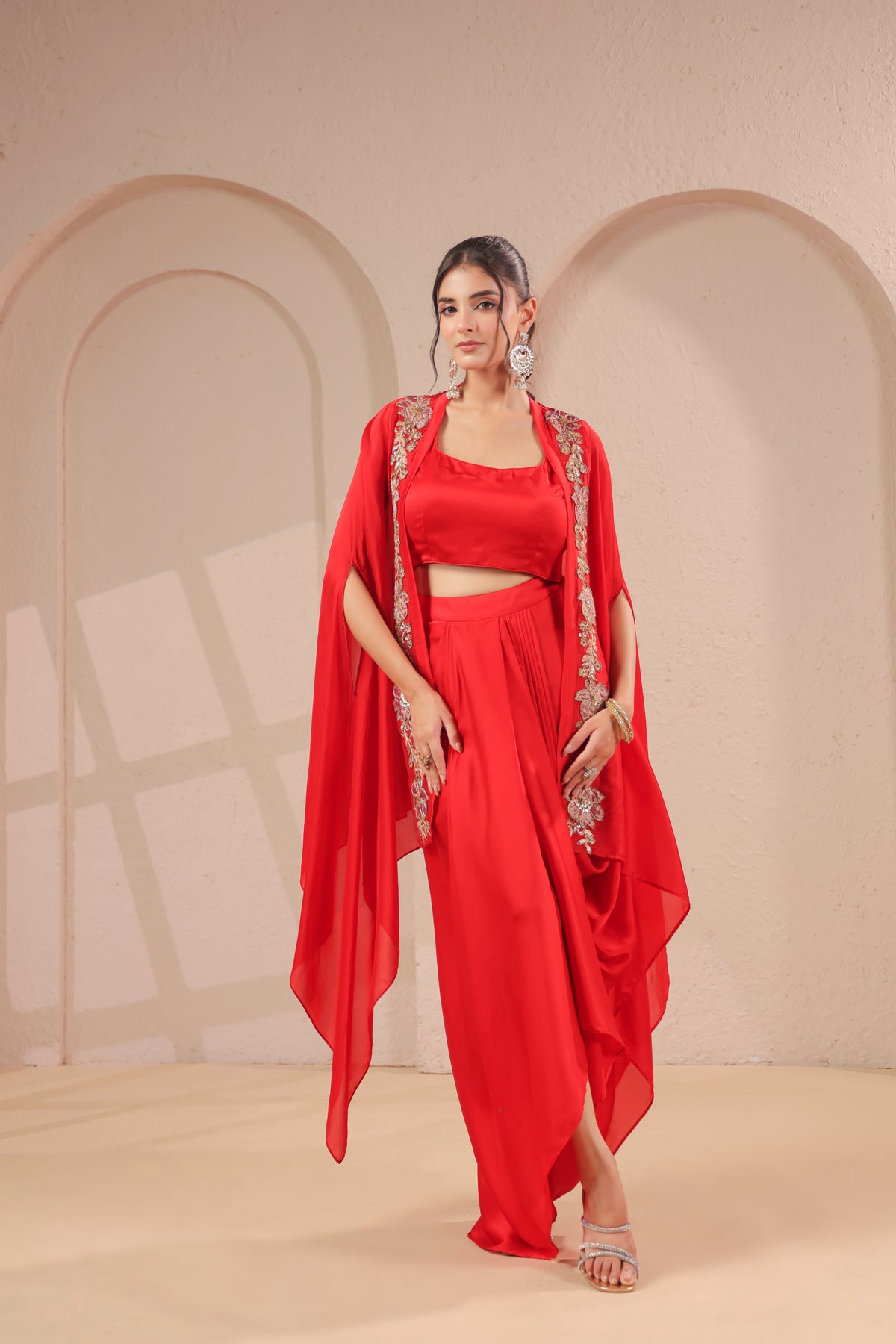 Red Garnet Embellished Modal Satin Silk Skirt Set