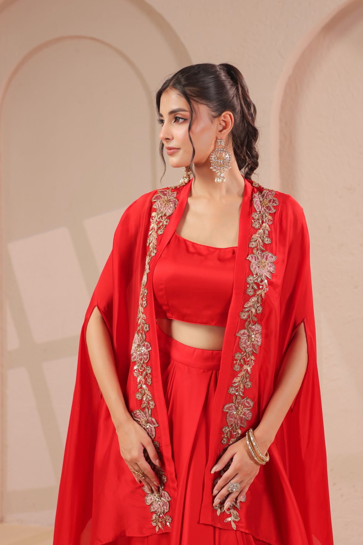 Red Garnet Embellished Modal Satin Silk Skirt Set
