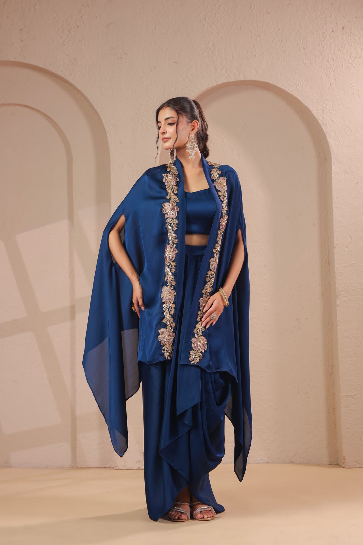 Sapphire Blue Embellished Modal Satin Silk Skirt Set