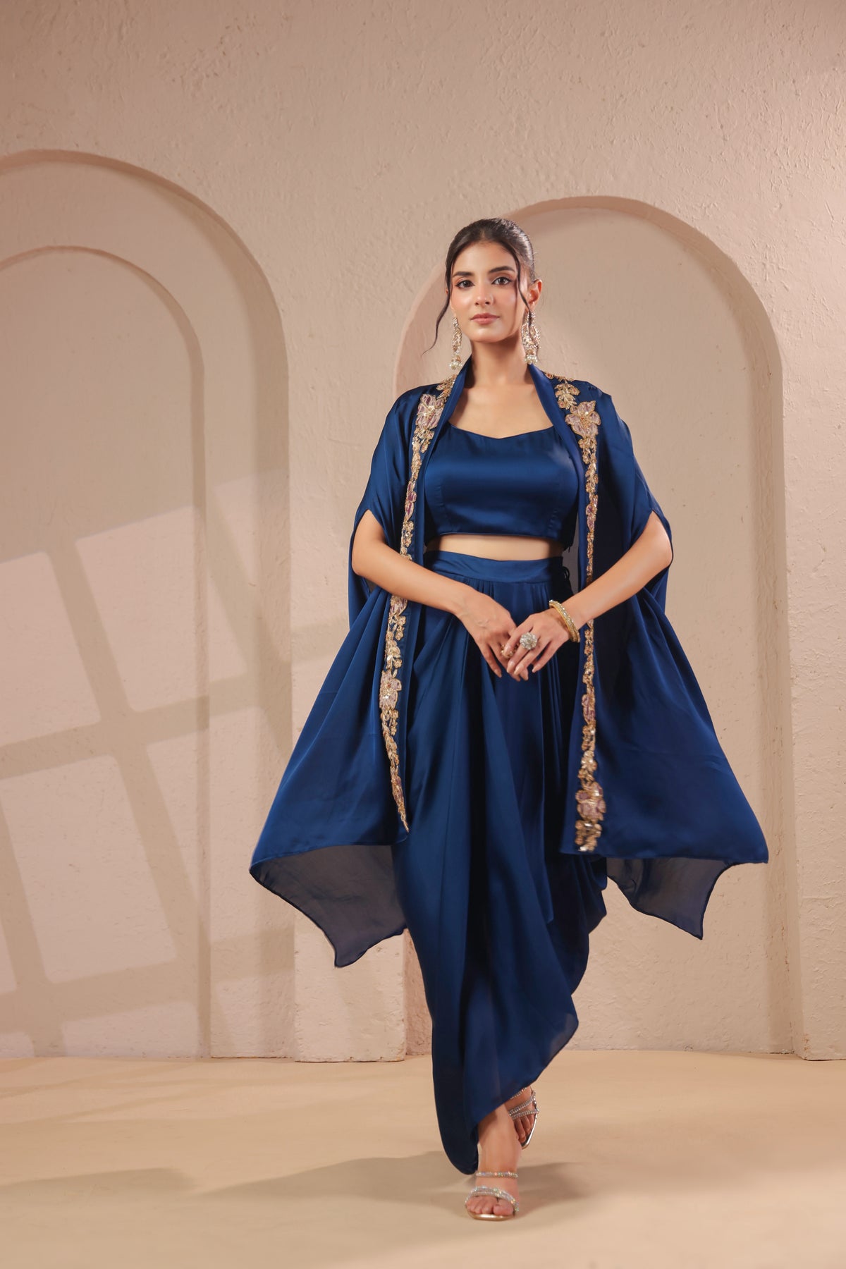 Sapphire Blue Embellished Modal Satin Silk Skirt Set