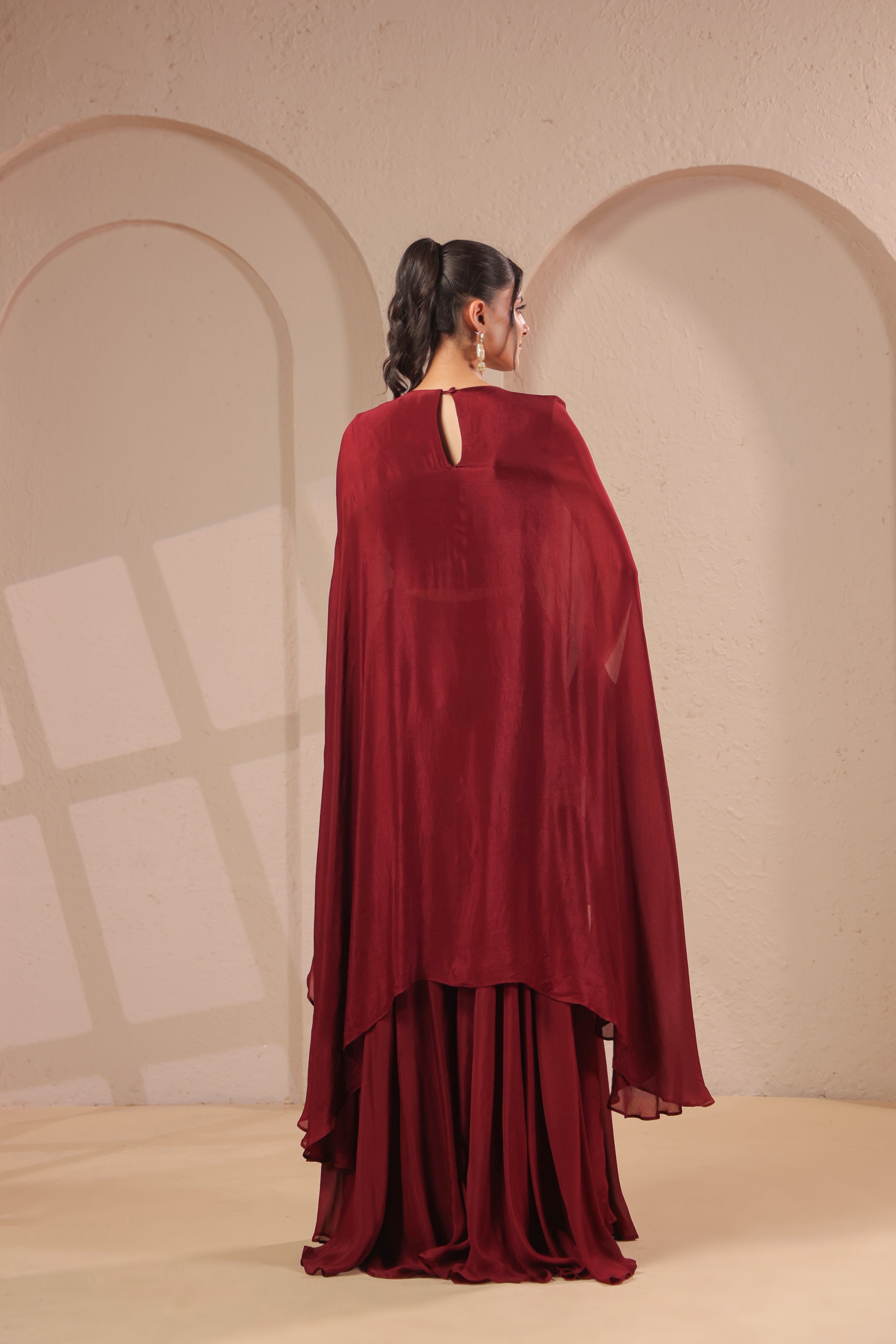 Deep Maroon Embellished Chinon Silk Palazzo Set