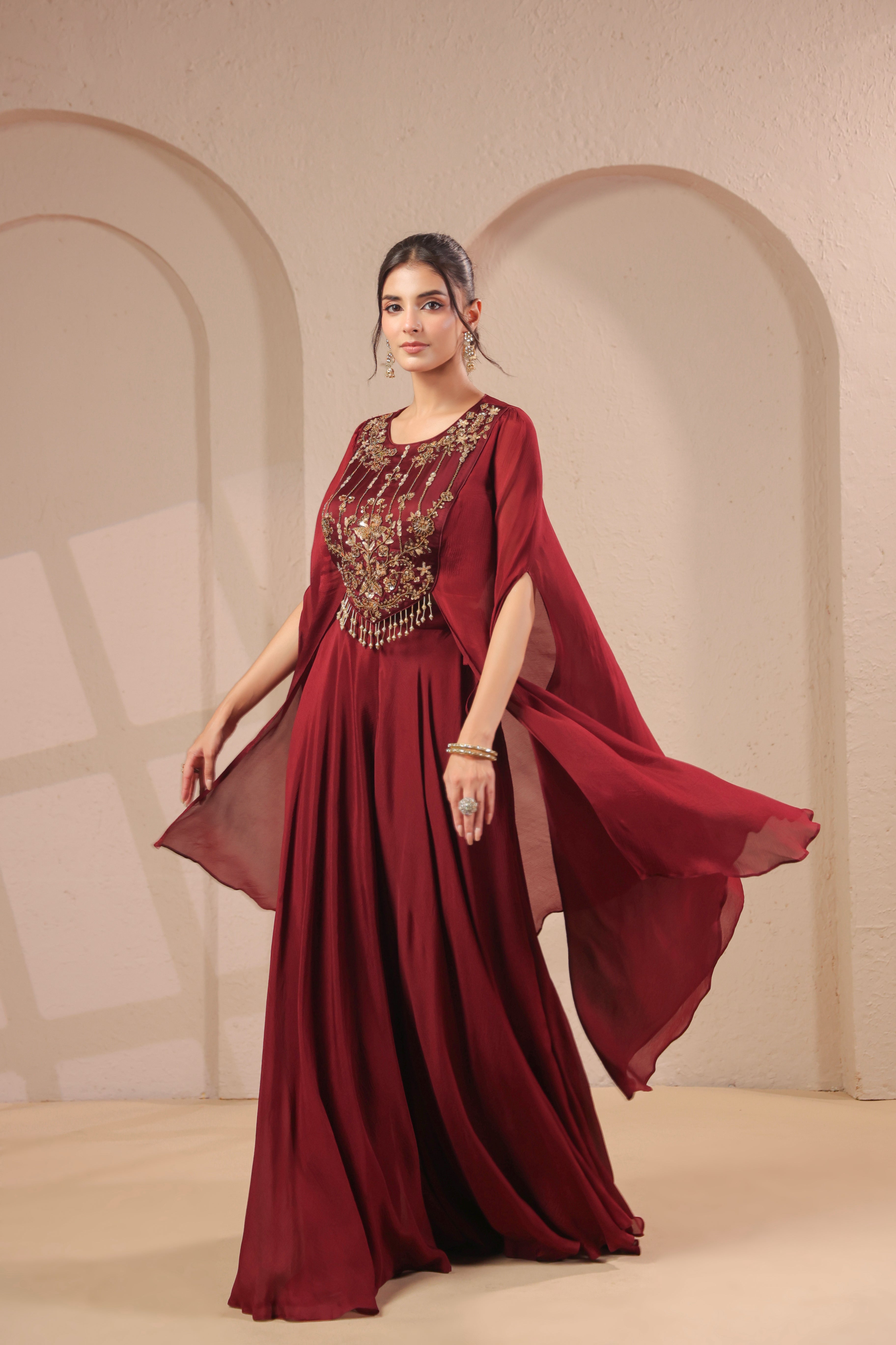 Deep Maroon Embellished Chinon Silk Palazzo Set