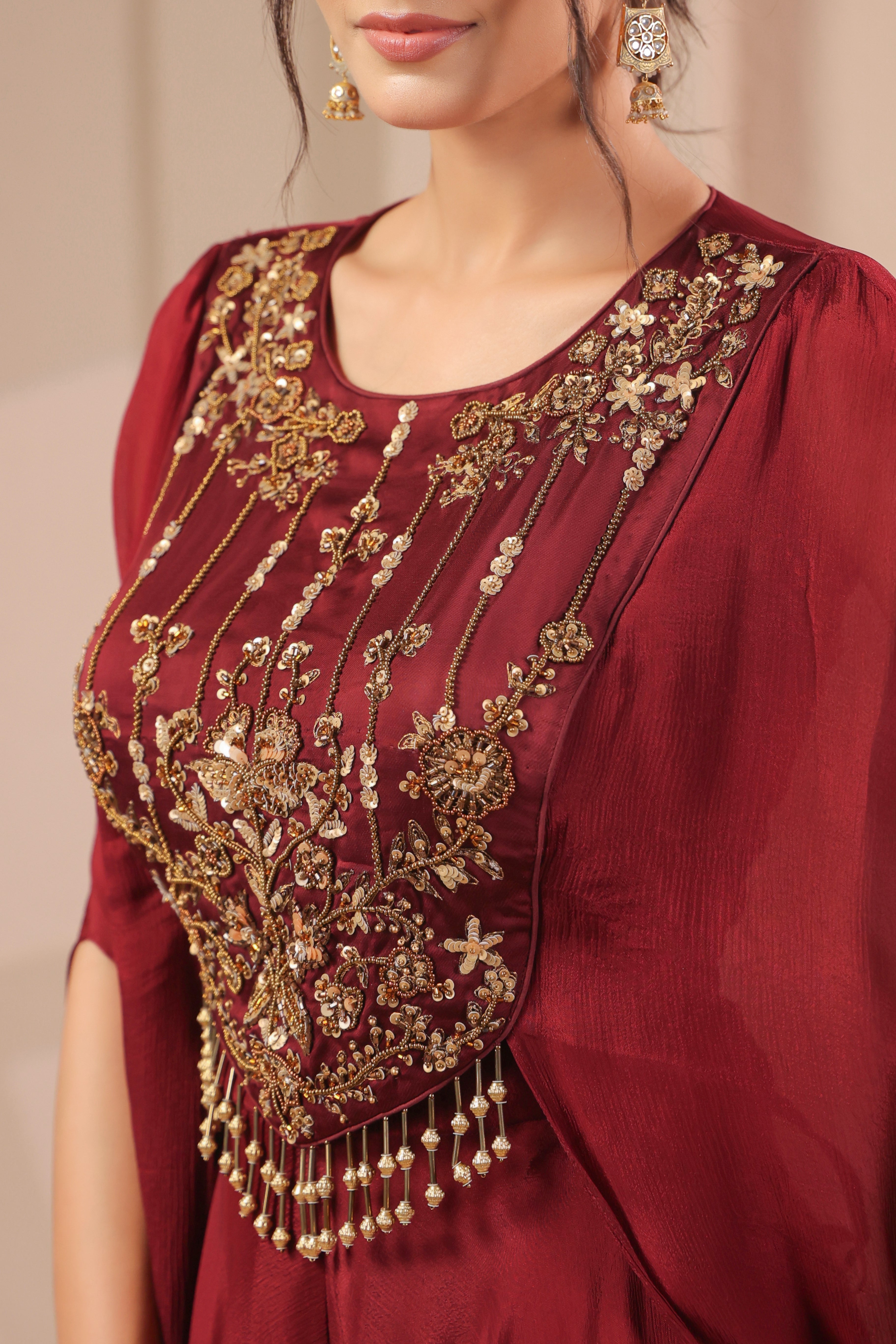 Deep Maroon Embellished Chinon Silk Palazzo Set