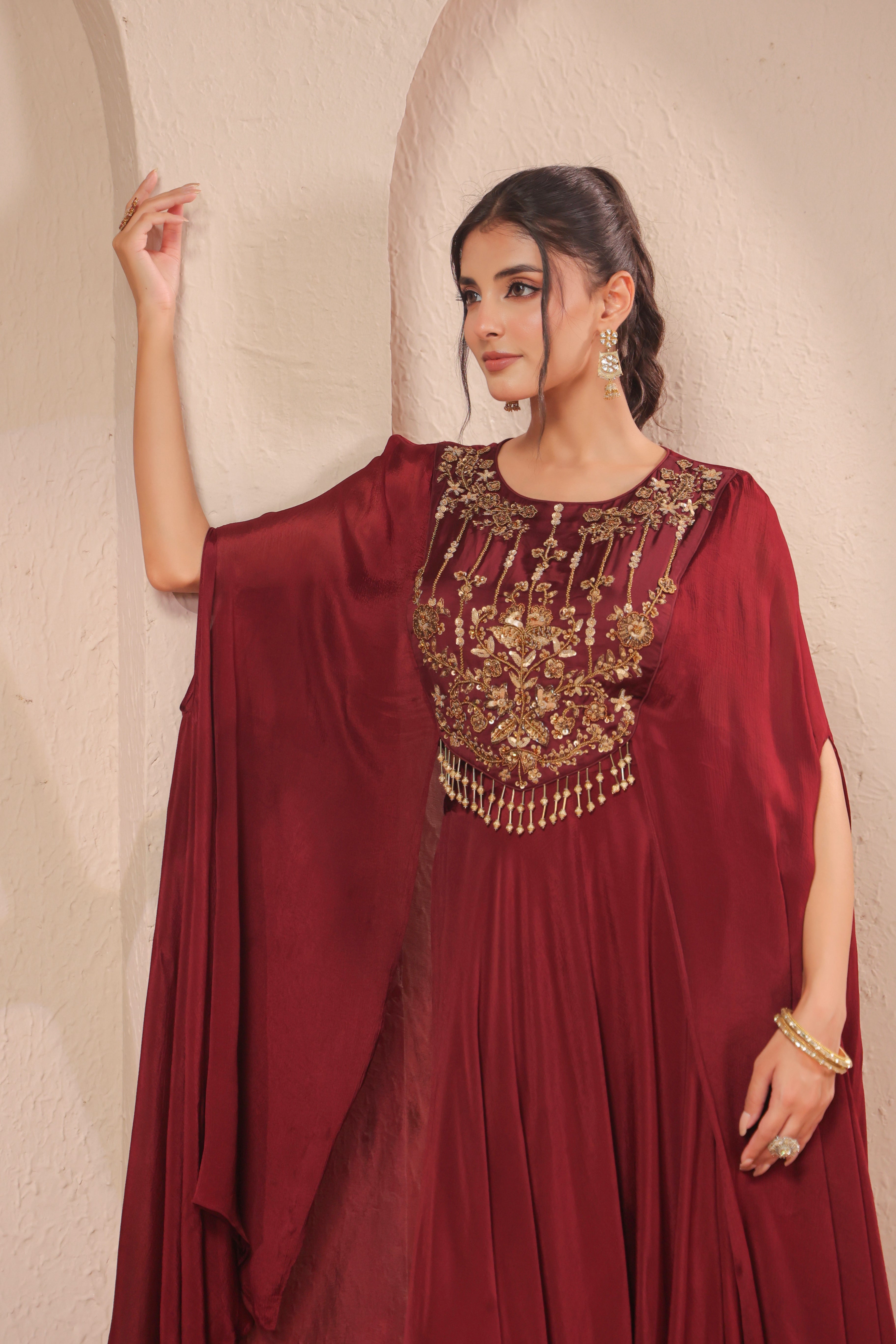 Deep Maroon Embellished Chinon Silk Palazzo Set