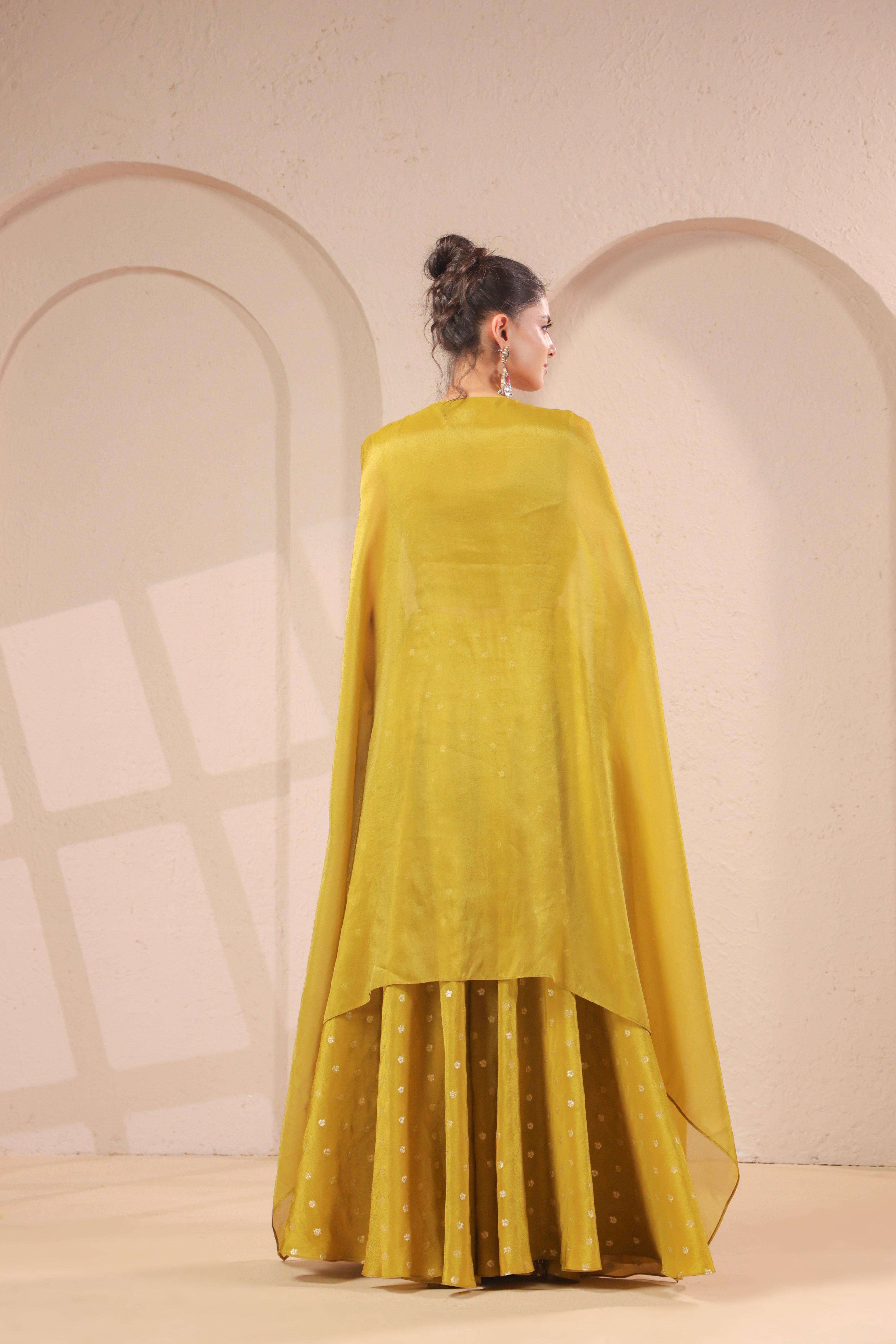 Mustard Olive Embellished Shimmer Organza Palazzo Set