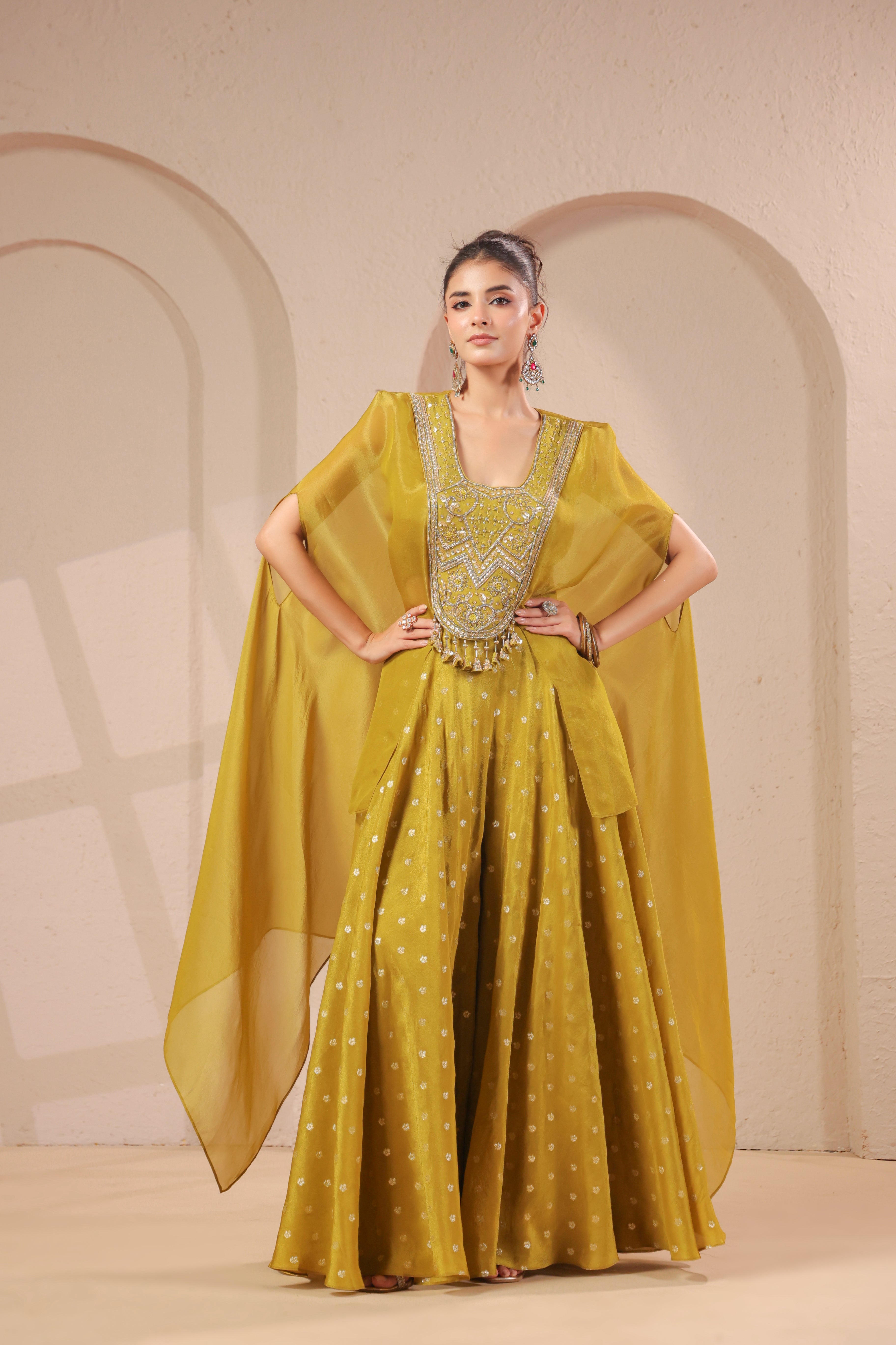 Mustard Olive Embellished Shimmer Organza Palazzo Set