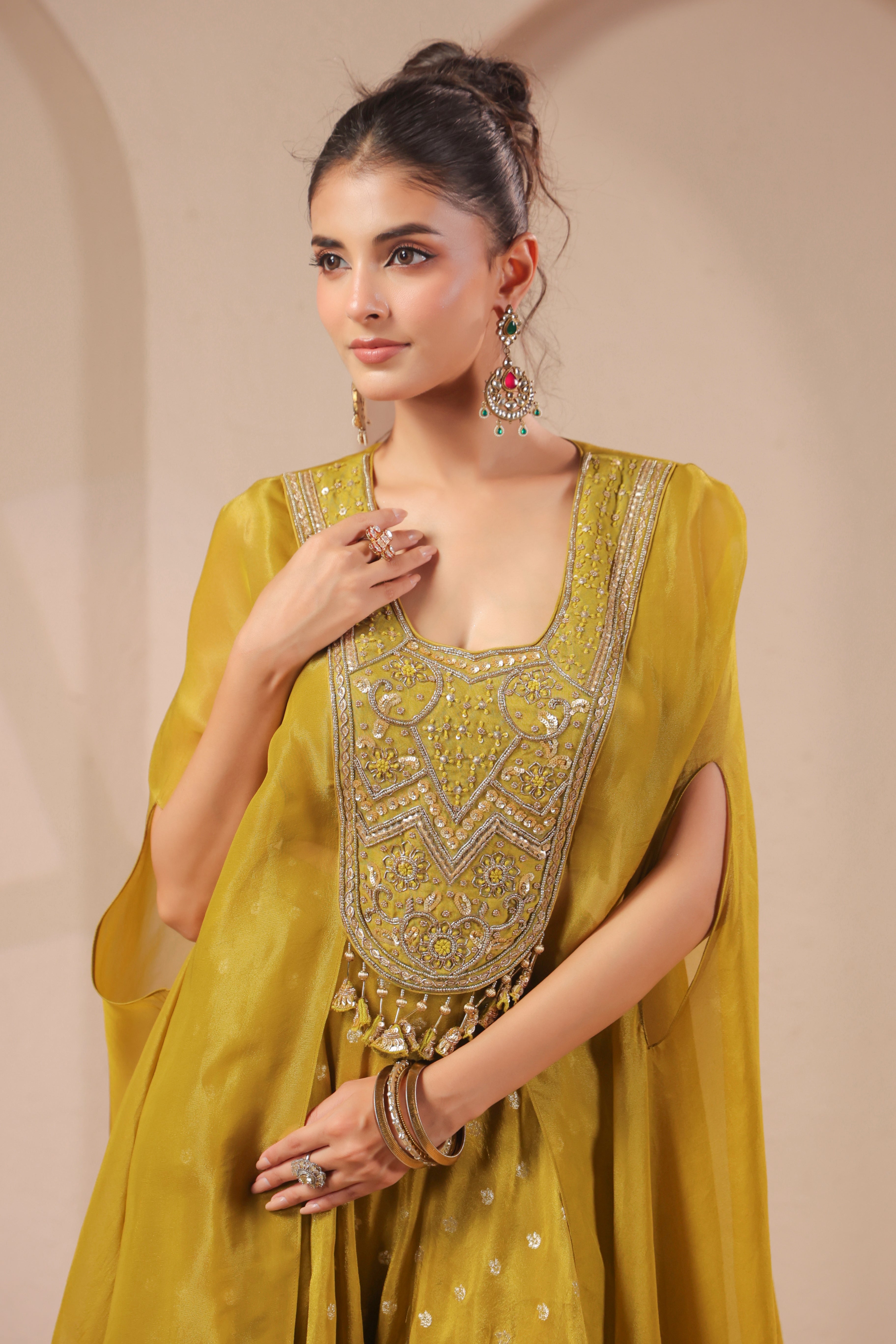 Mustard Olive Embellished Shimmer Organza Palazzo Set