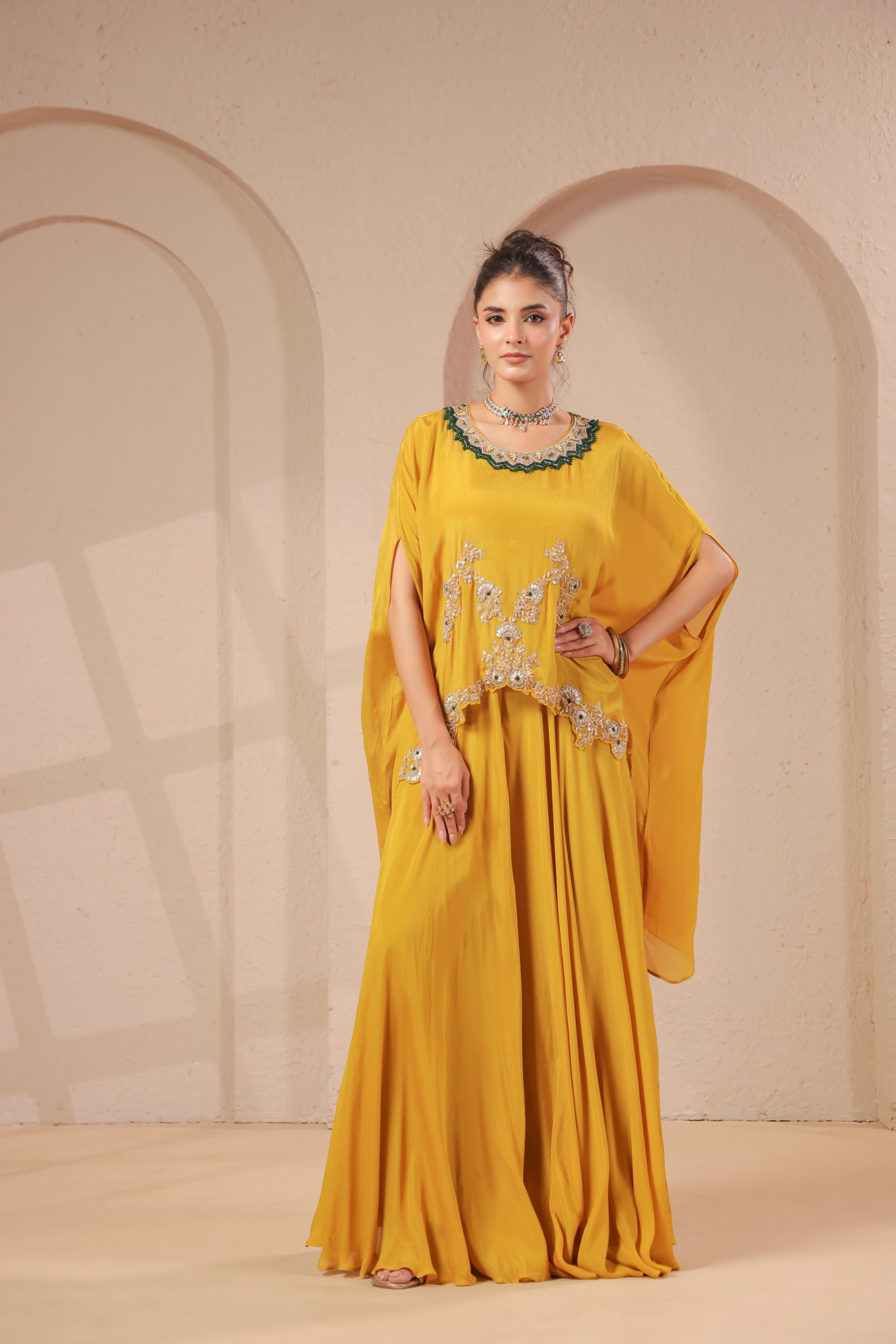 Lime Citrus Embellished Crepe Silk Skirt Set