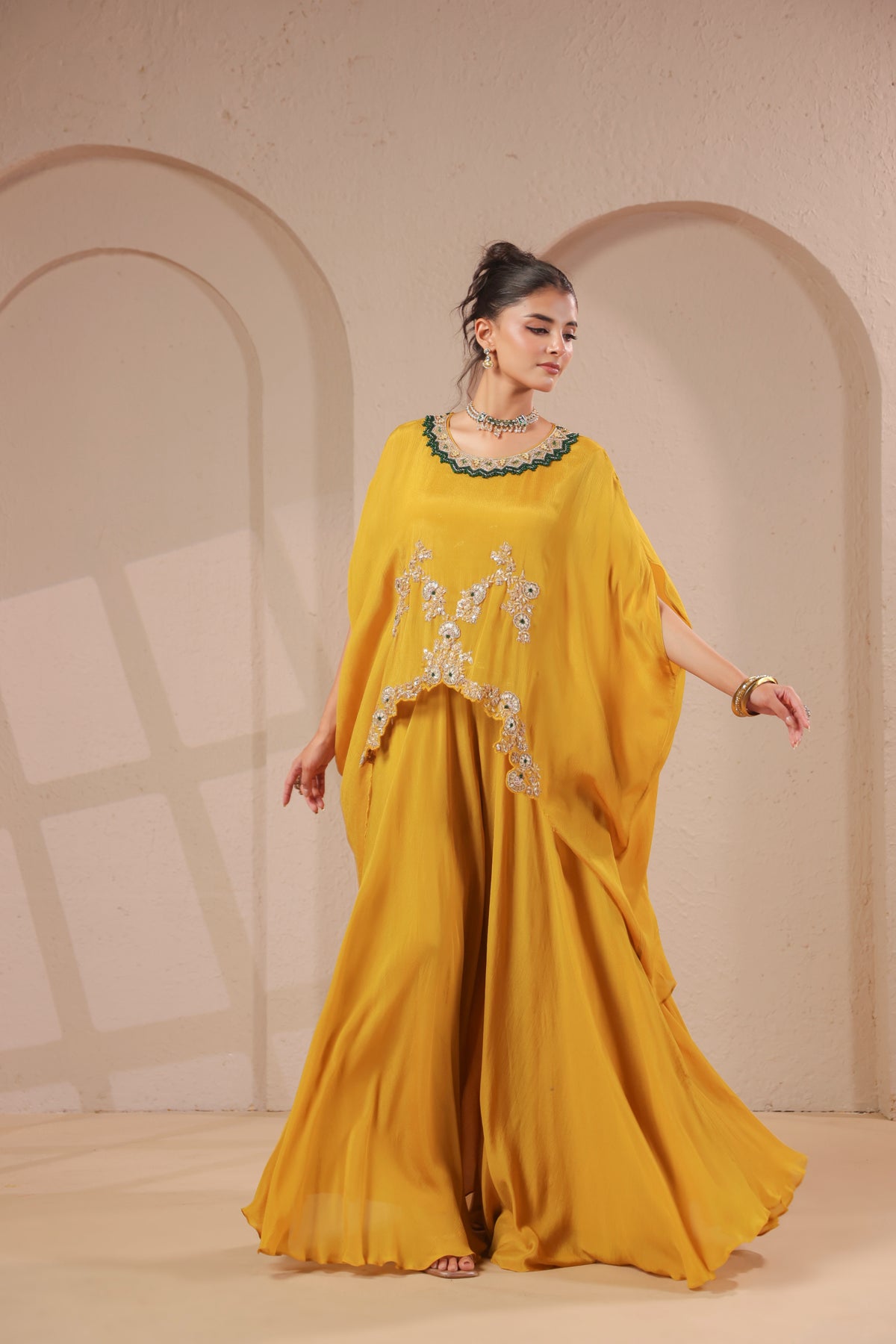Lime Citrus Embellished Crepe Silk Skirt Set