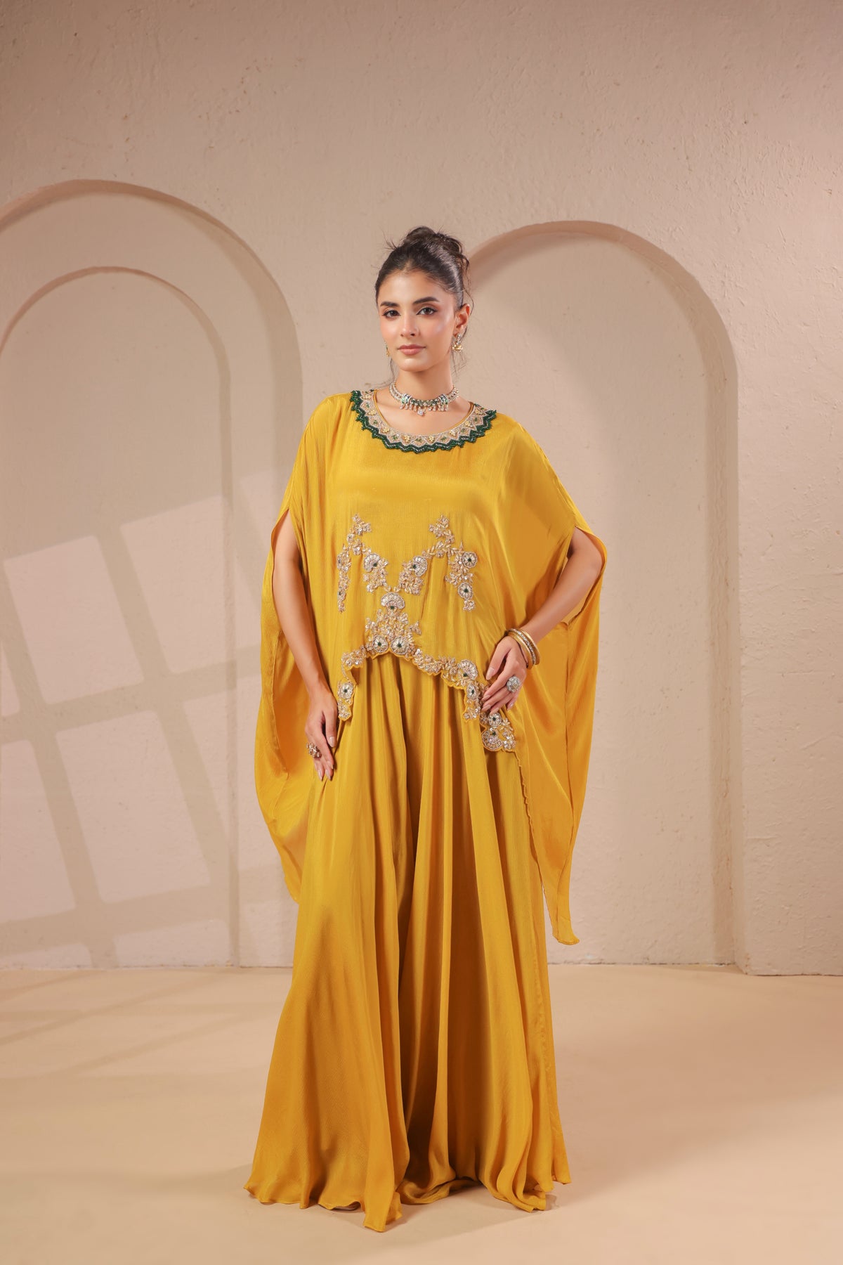 Lime Citrus Embellished Crepe Silk Skirt Set
