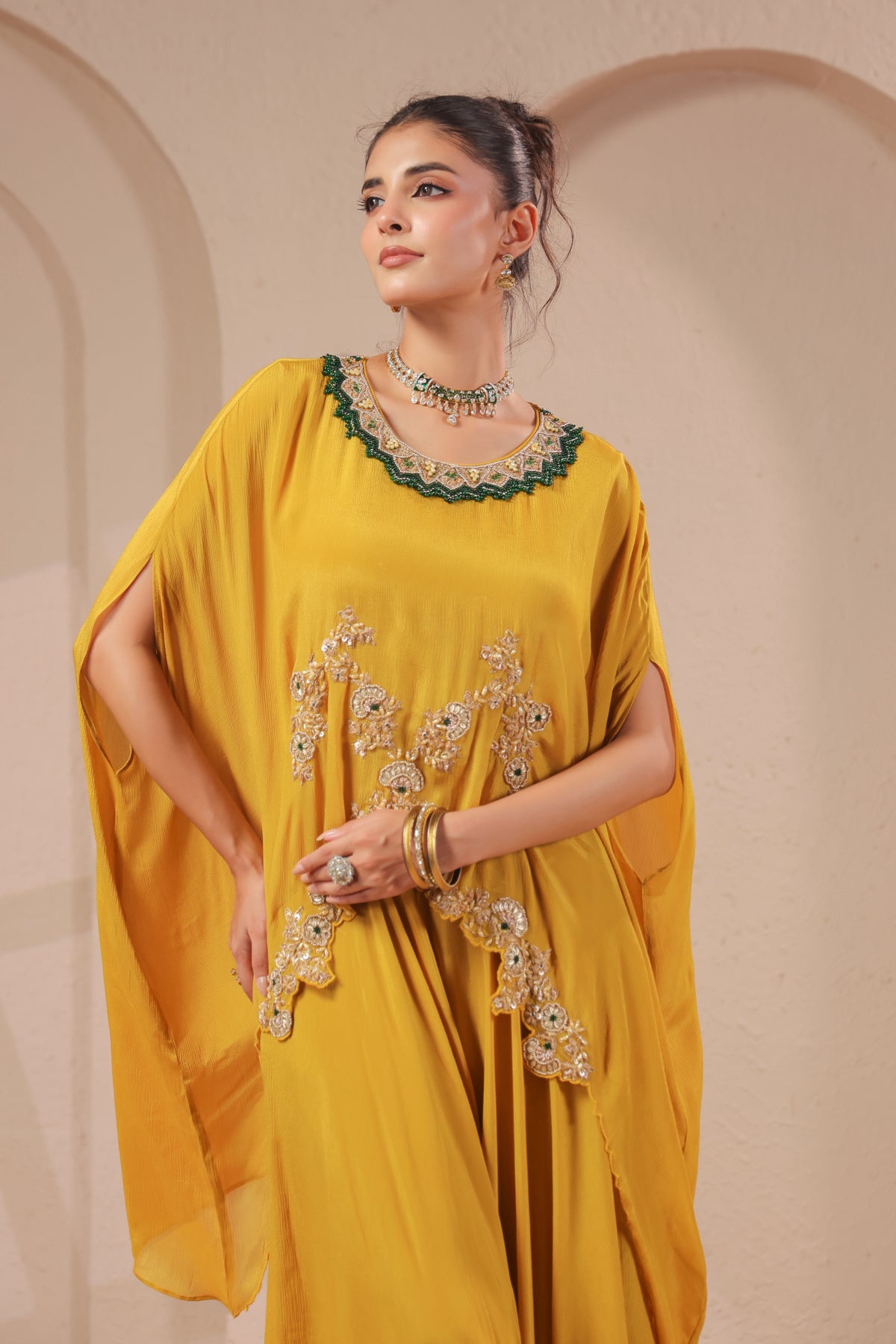 Lime Citrus Embellished Crepe Silk Skirt Set