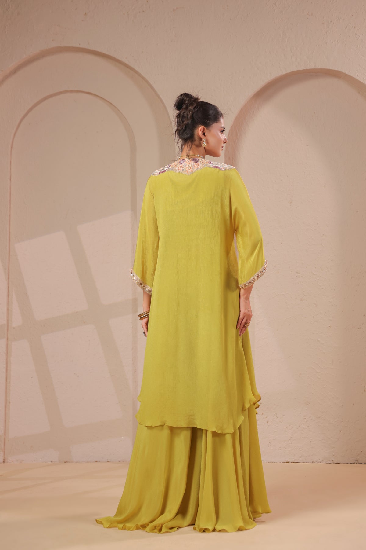 Green Olive Embellished Chinon Silk Palazzo Set