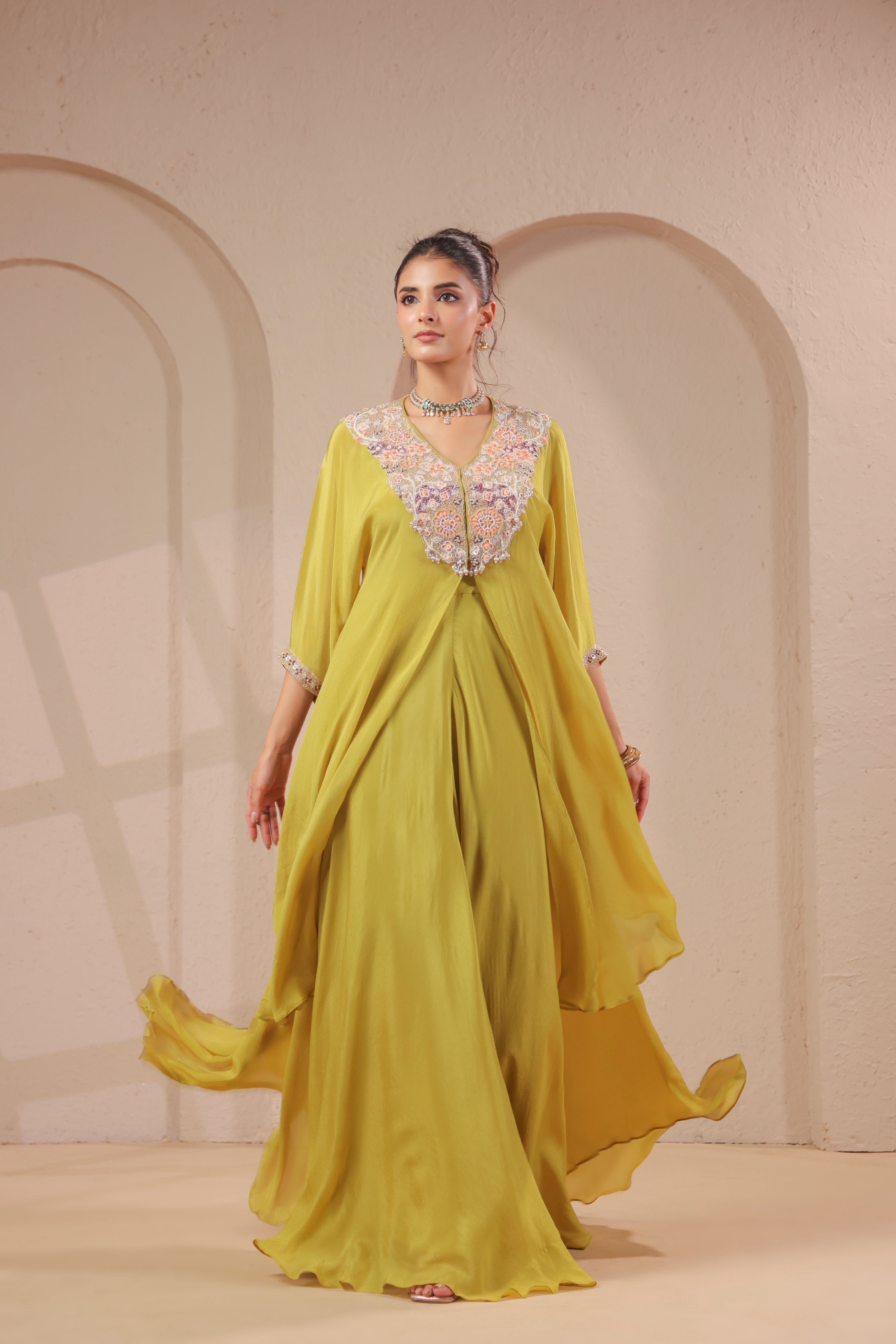 Green Olive Embellished Chinon Silk Palazzo Set