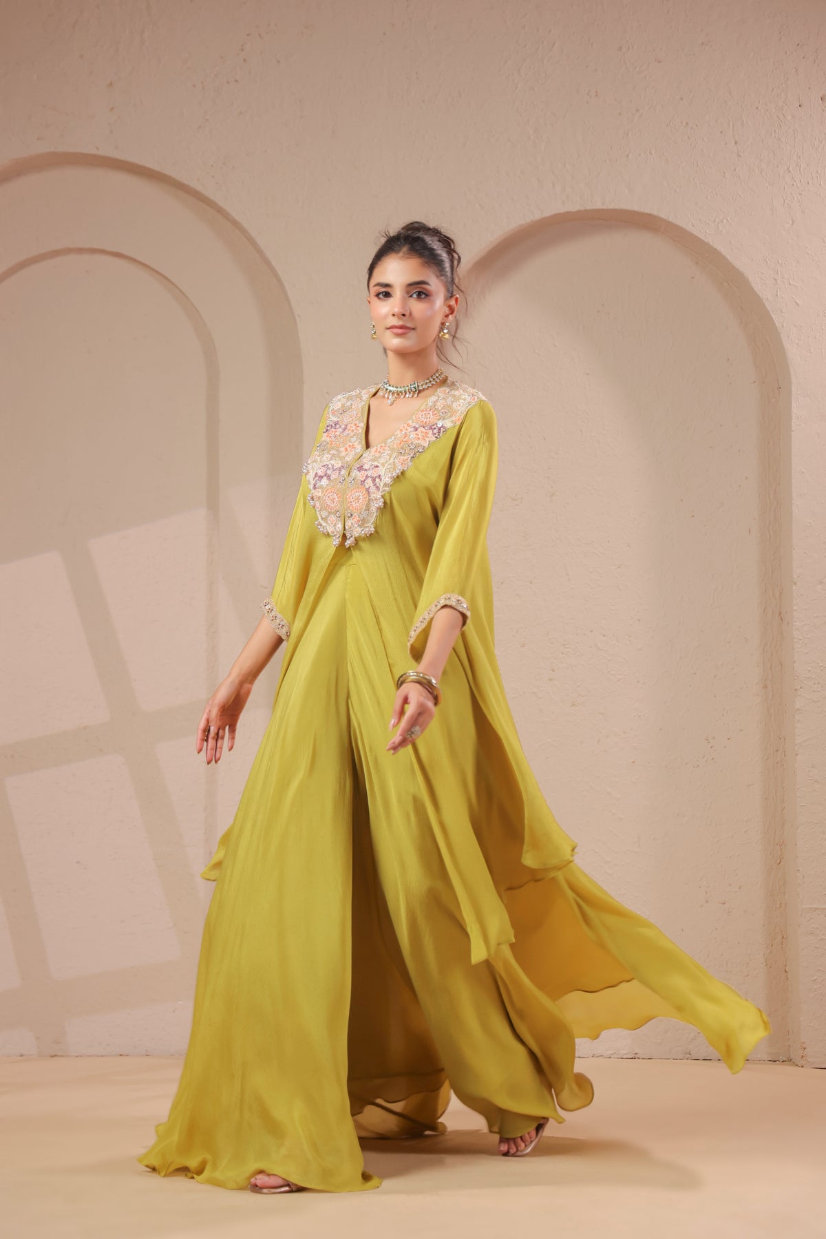 Green Olive Embellished Chinon Silk Palazzo Set