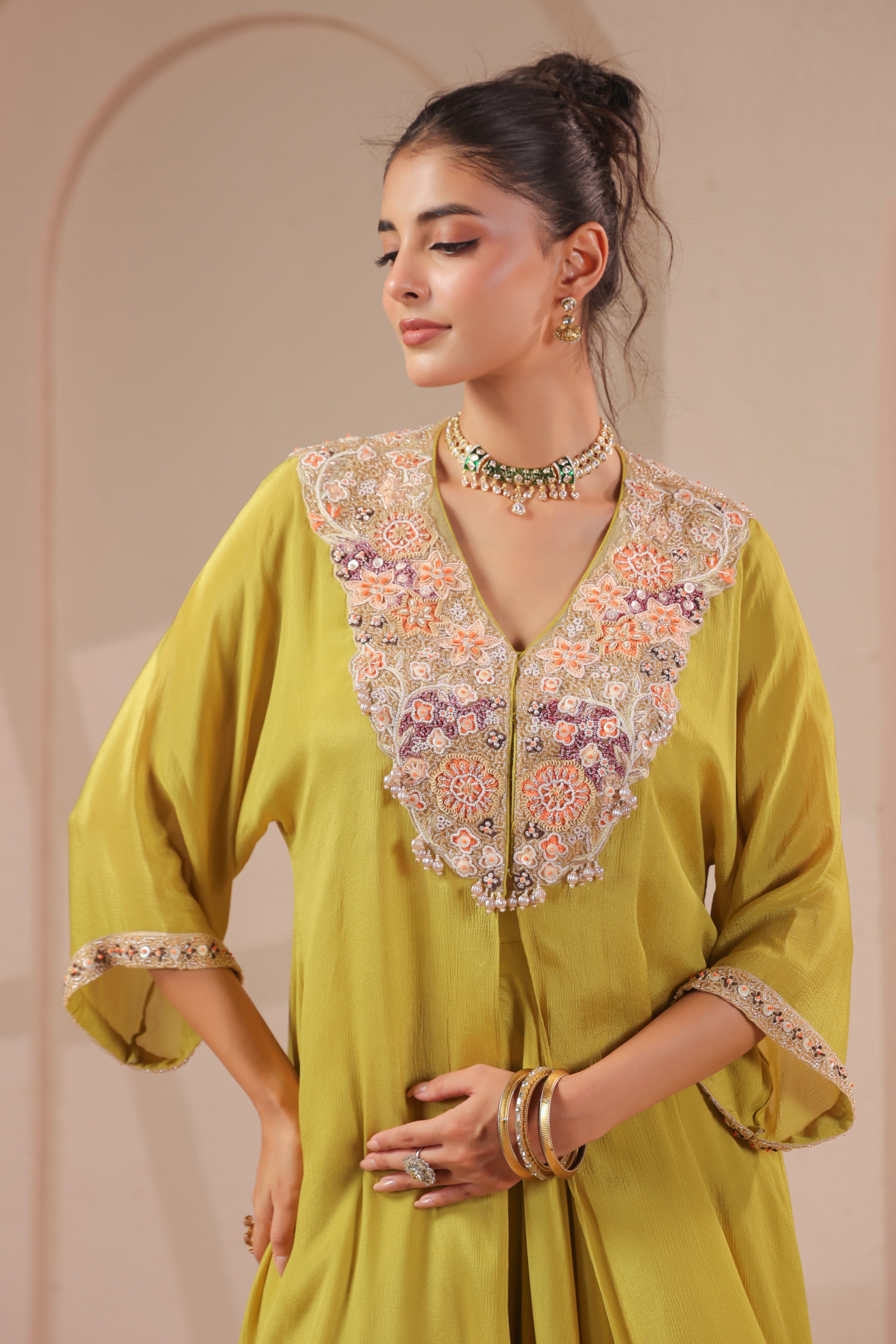 Green Olive Embellished Chinon Silk Palazzo Set