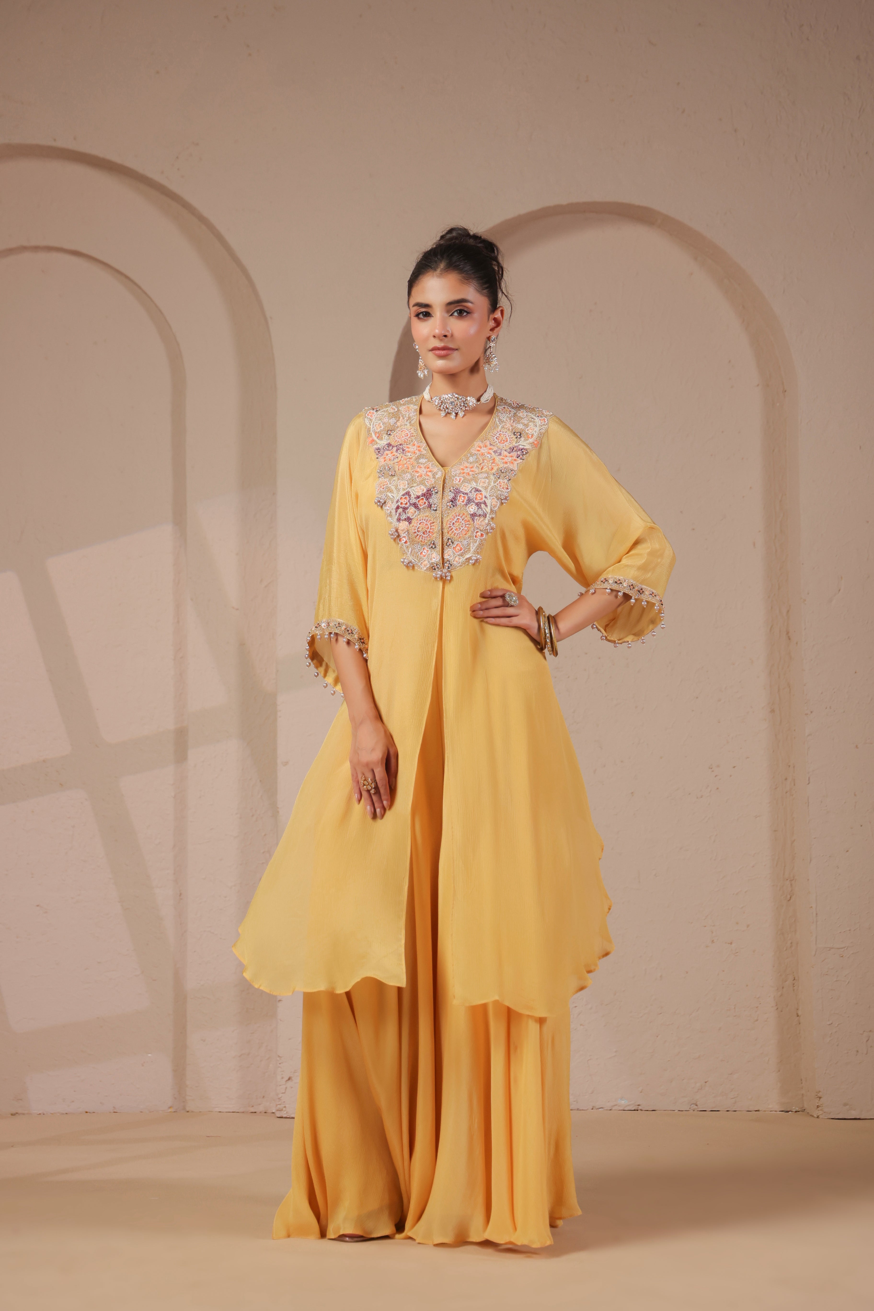 Pastel Yellow Embellished Chinon Silk Palazzo Set