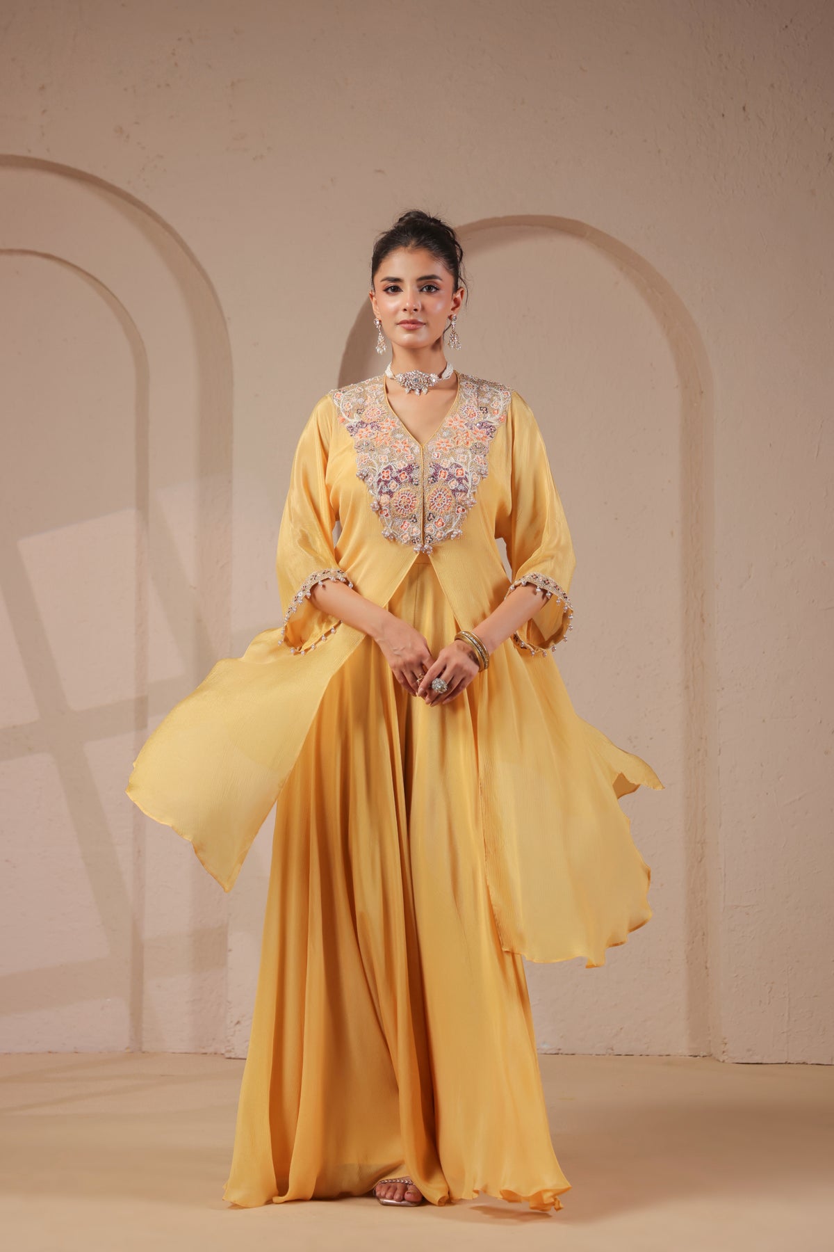Pastel Yellow Embellished Chinon Silk Palazzo Set