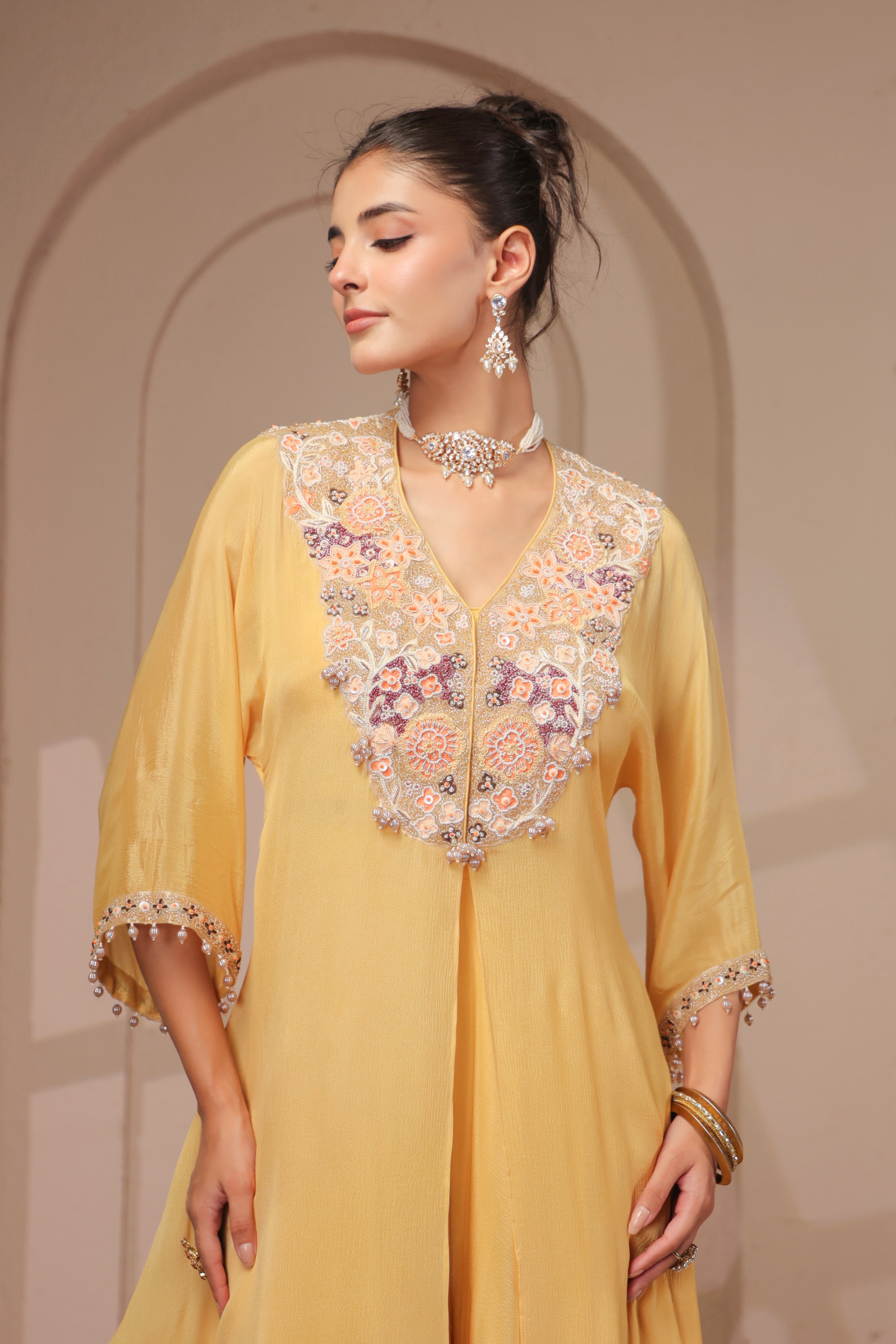 Pastel Yellow Embellished Chinon Silk Palazzo Set