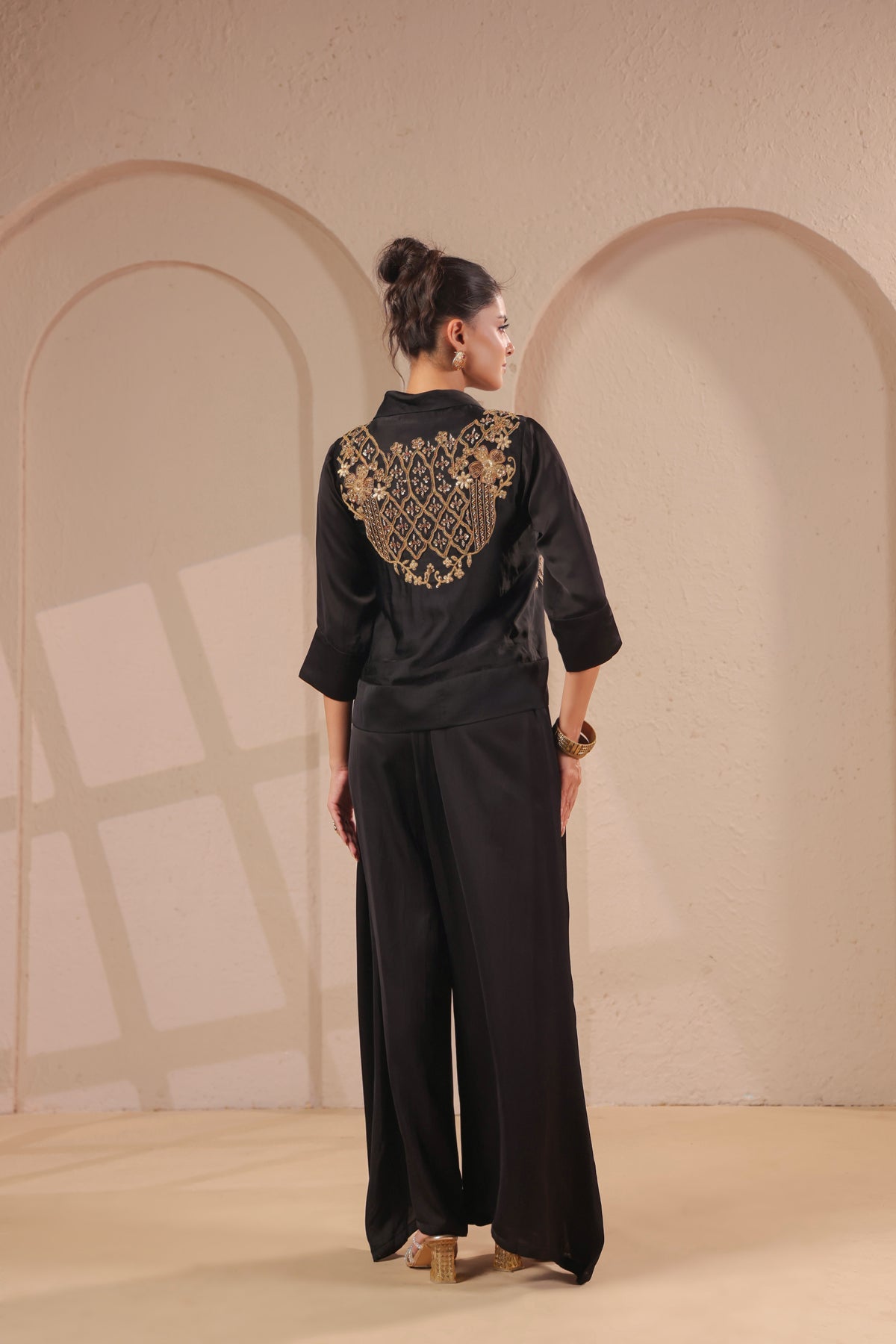 Ebony Black Embellished Modal Silk Palazzo Set
