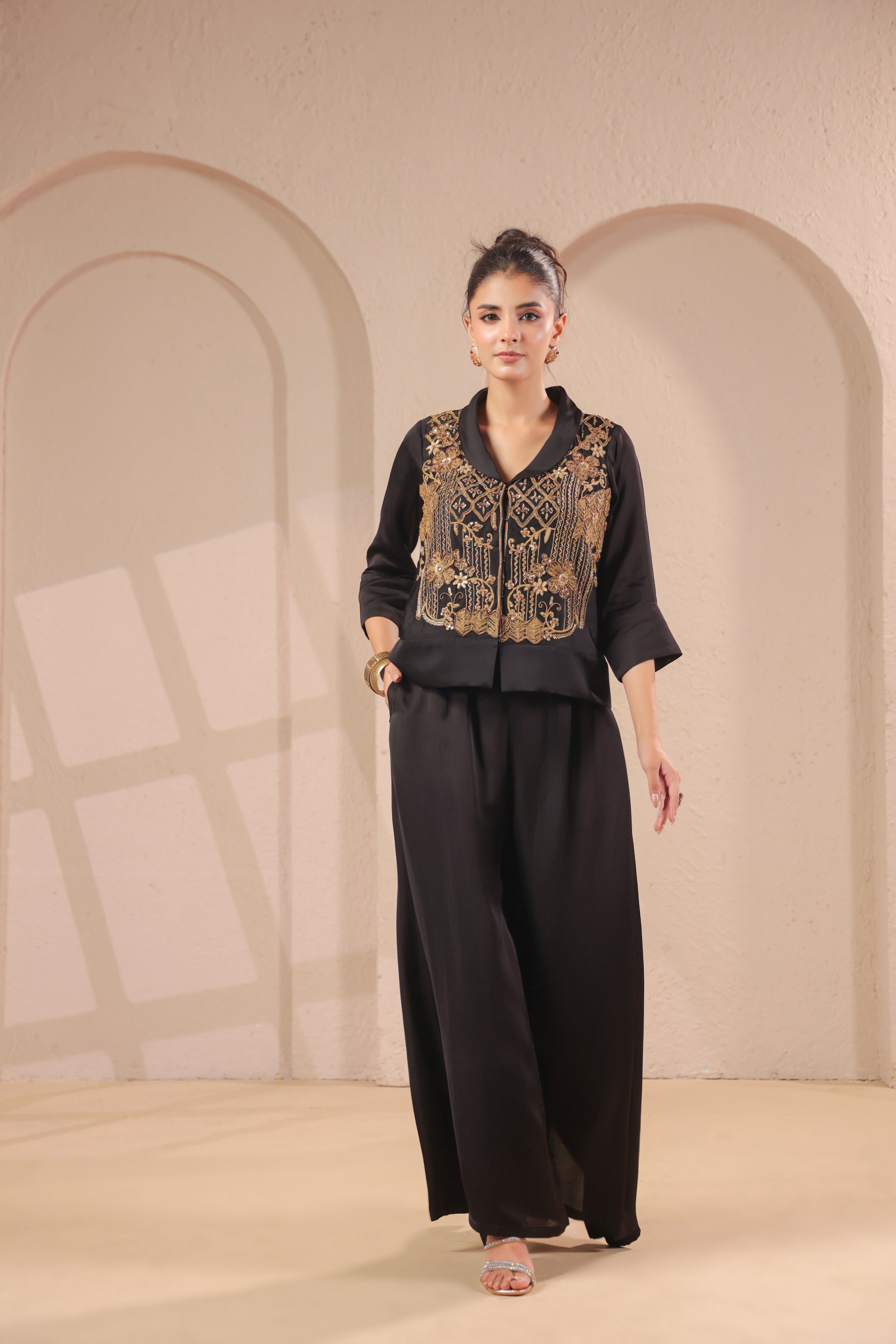 Ebony Black Embellished Modal Silk Palazzo Set