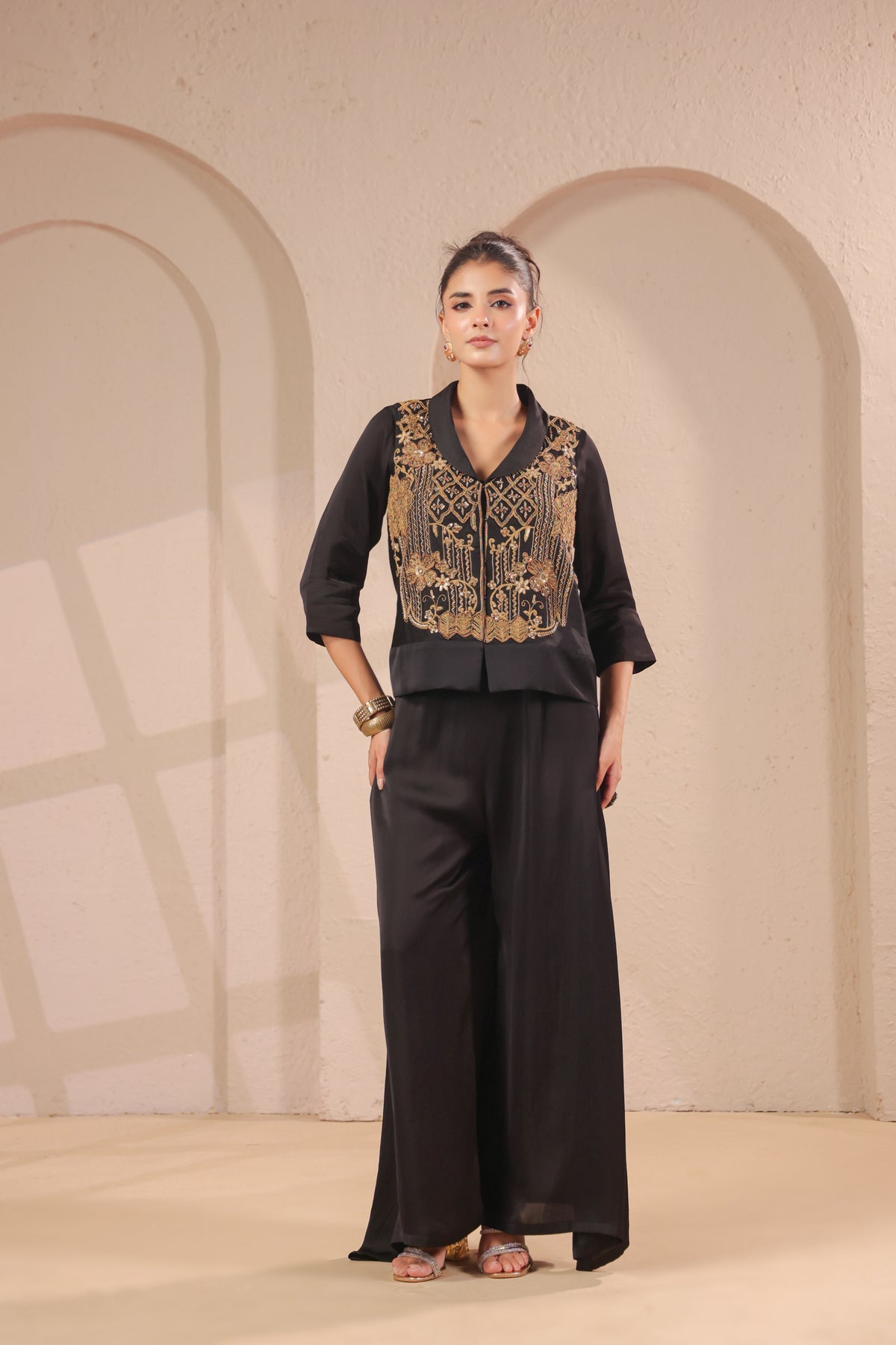 Ebony Black Embellished Modal Silk Palazzo Set
