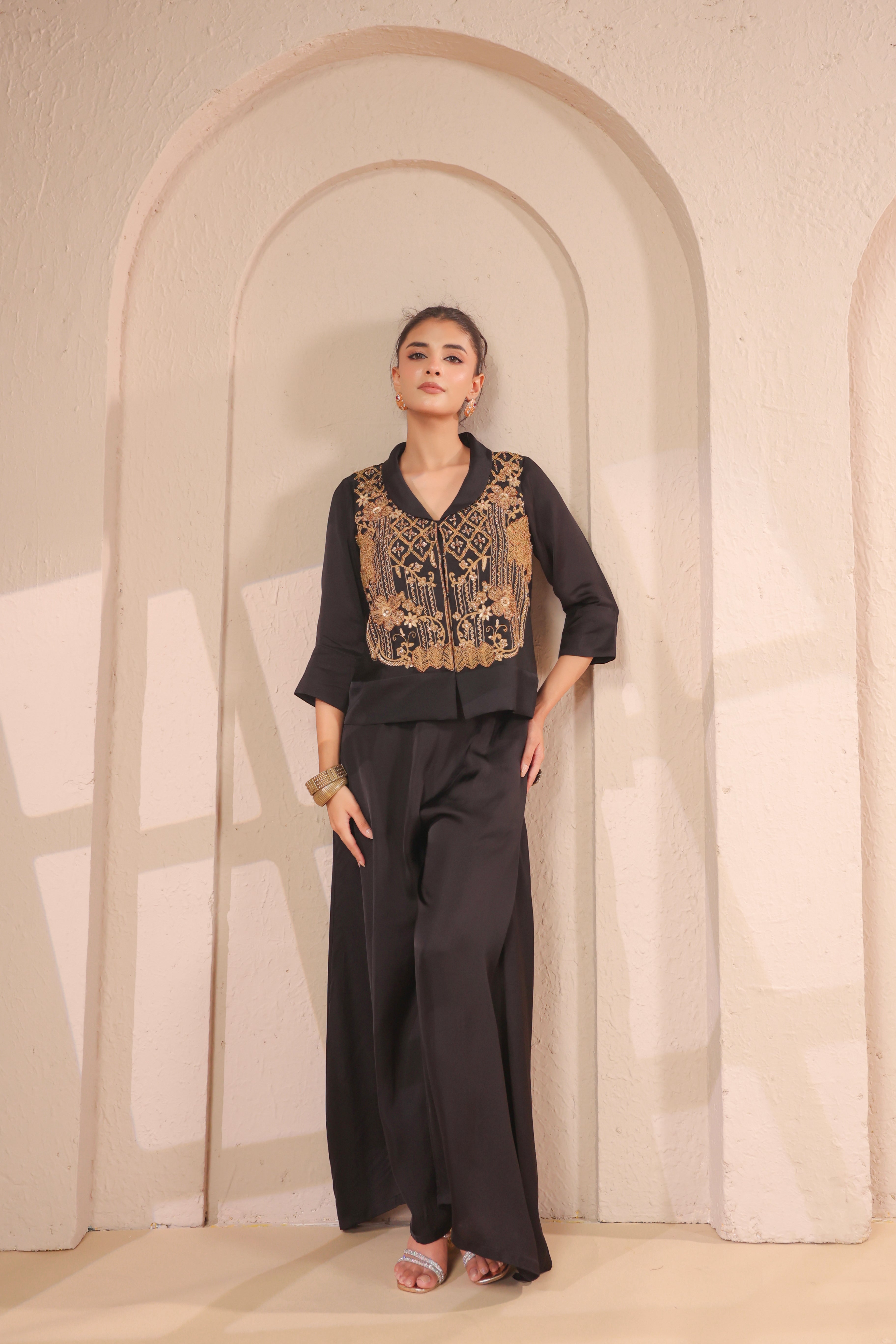 Ebony Black Embellished Modal Silk Palazzo Set
