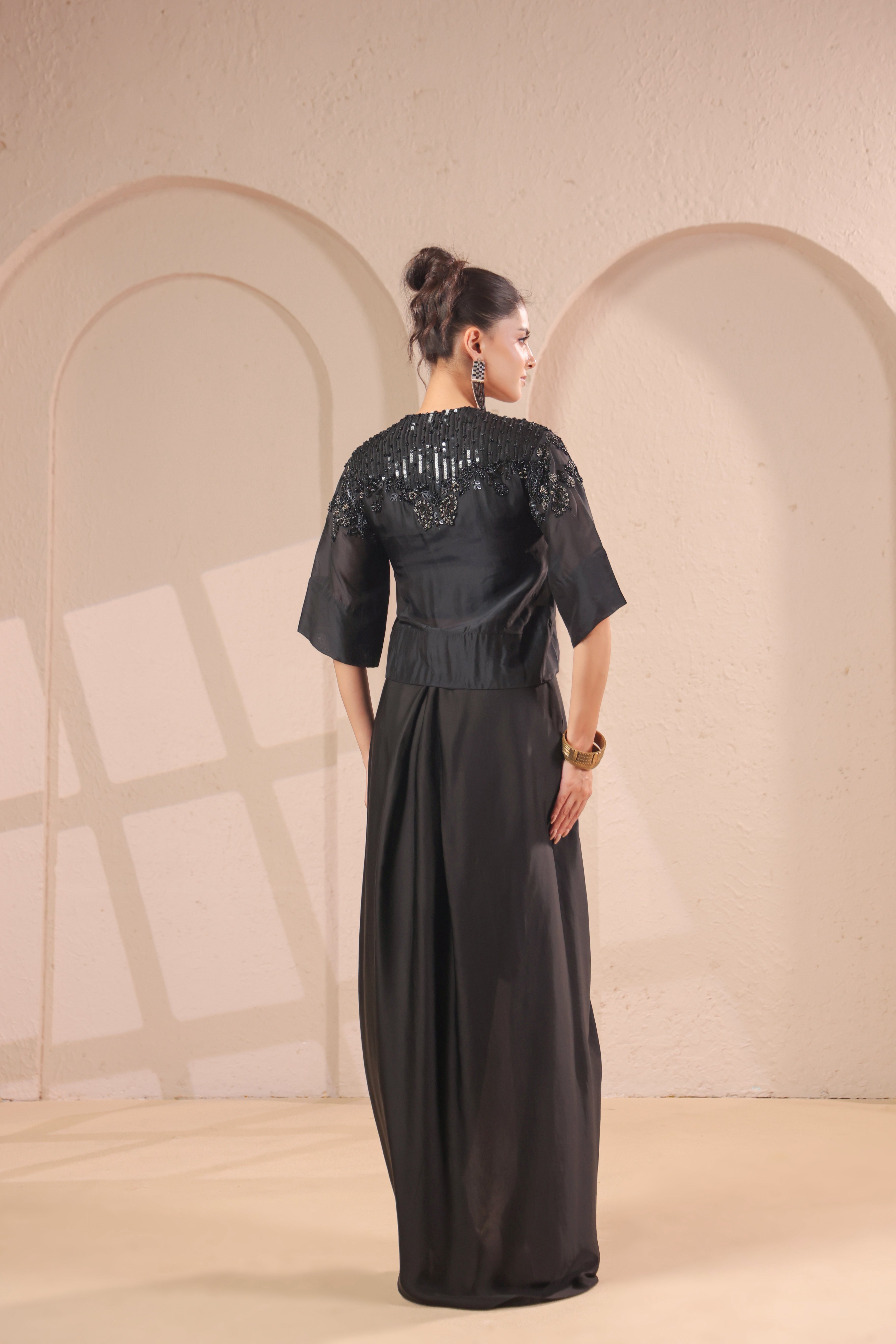 Midnight Black Embellished Modal Silk SkirtSet