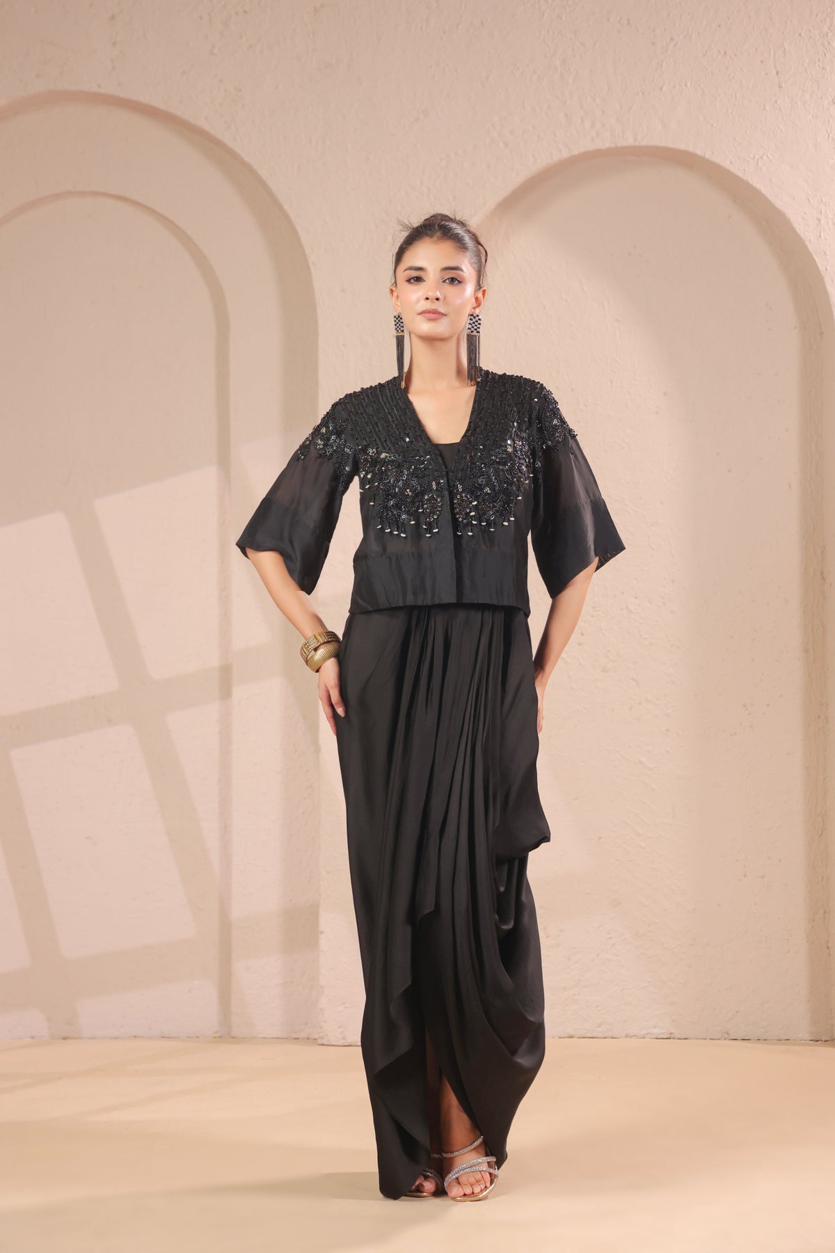 Midnight Black Embellished Modal Silk SkirtSet