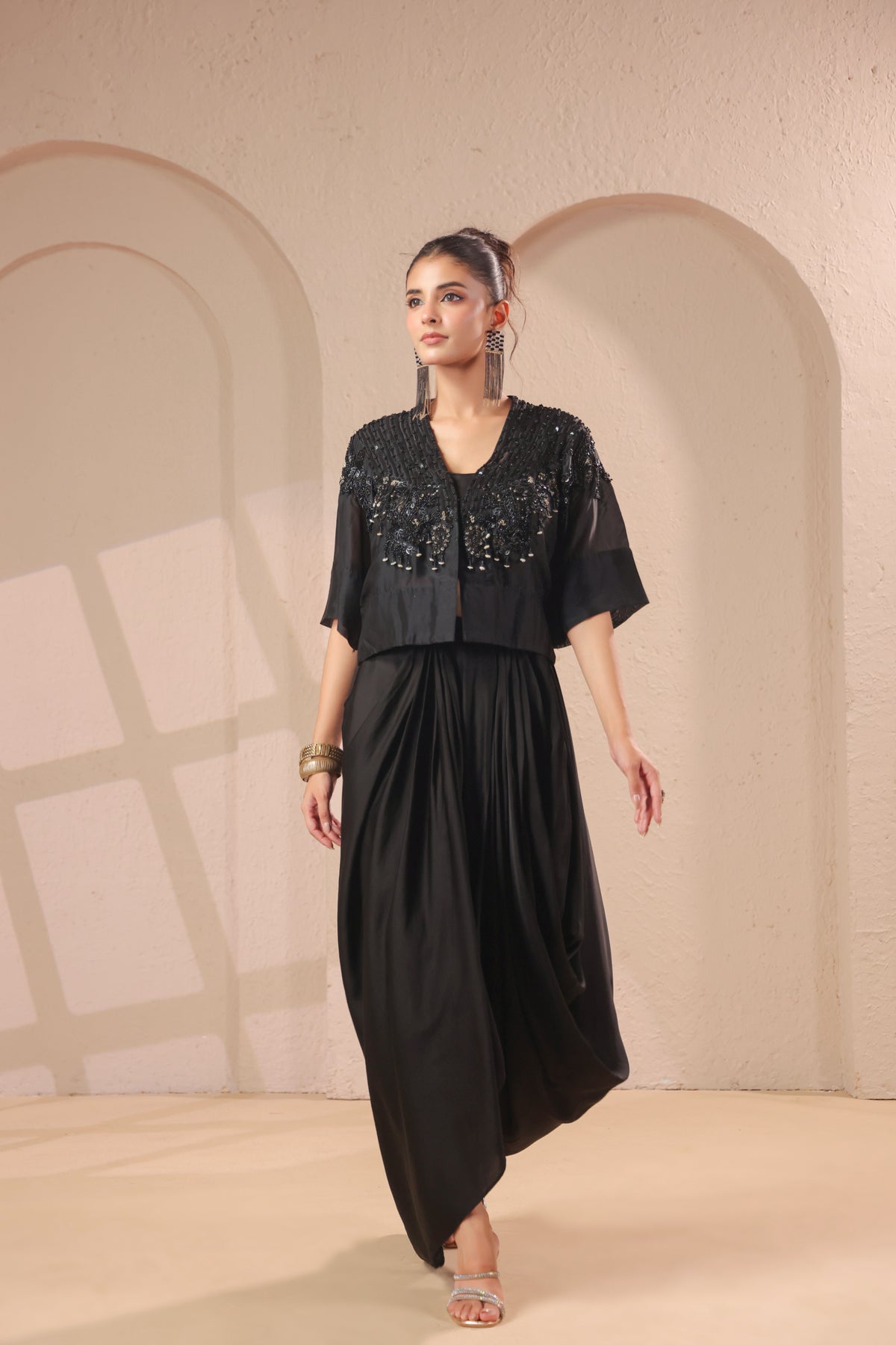 Midnight Black Embellished Modal Silk SkirtSet
