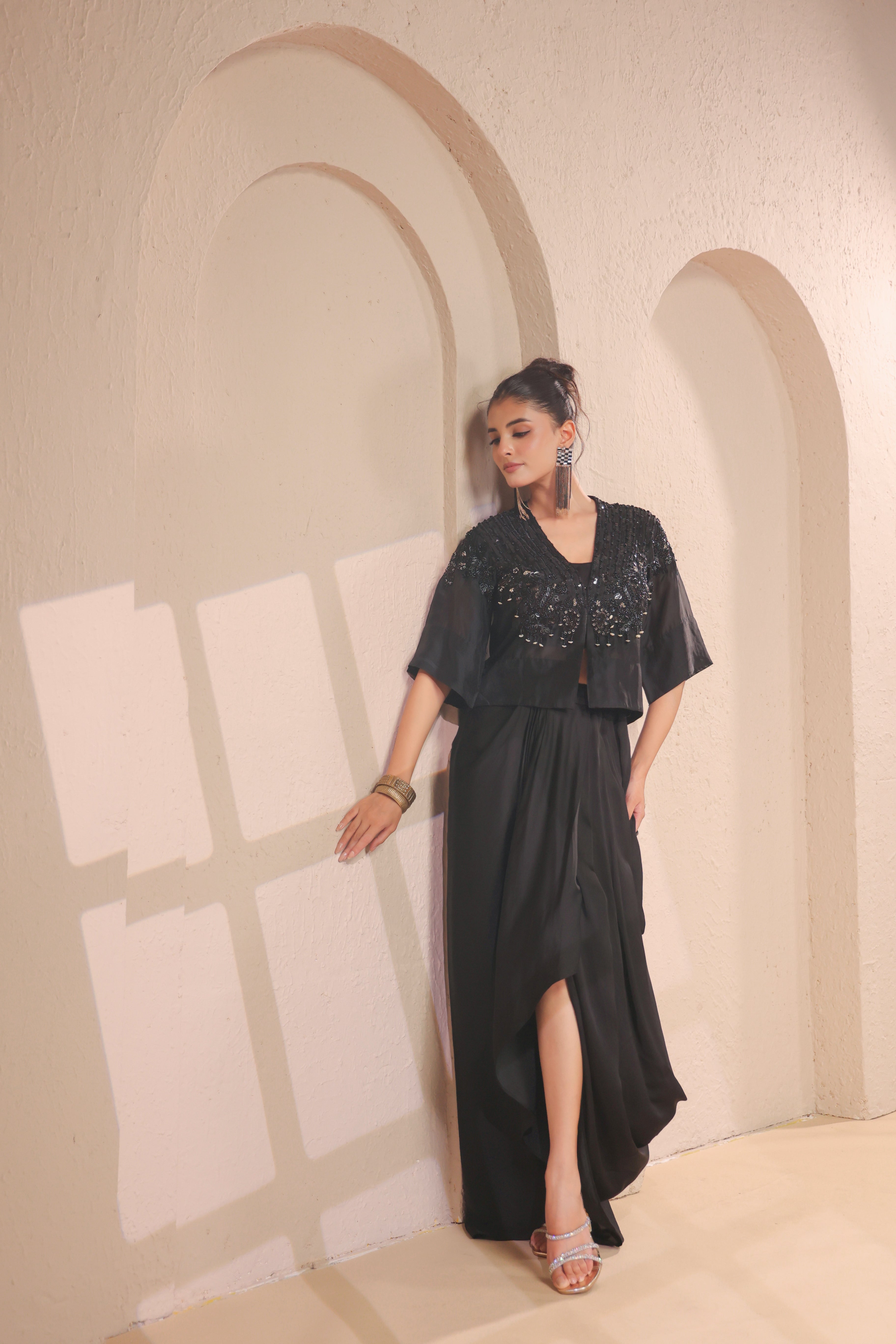 Midnight Black Embellished Modal Silk SkirtSet