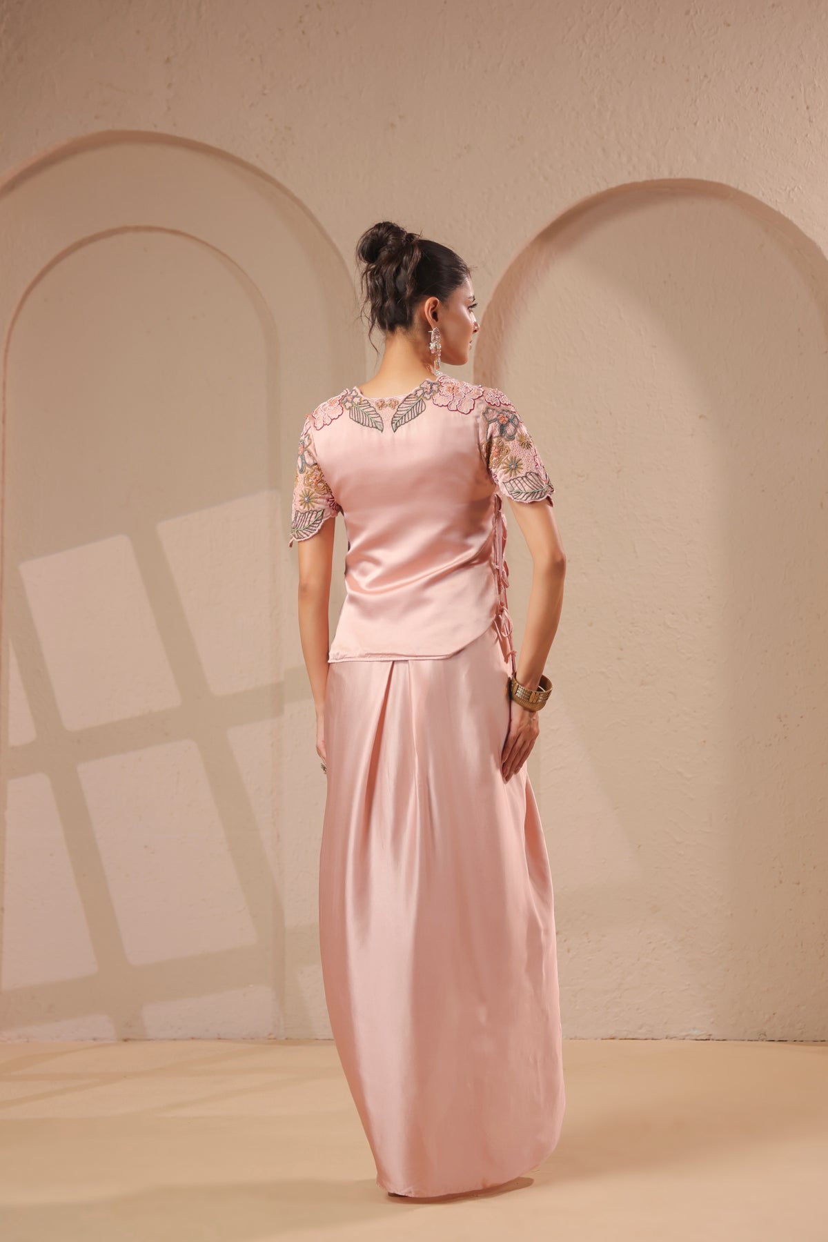 Rose Gold Embellished Modal Satin Silk Skirt Set