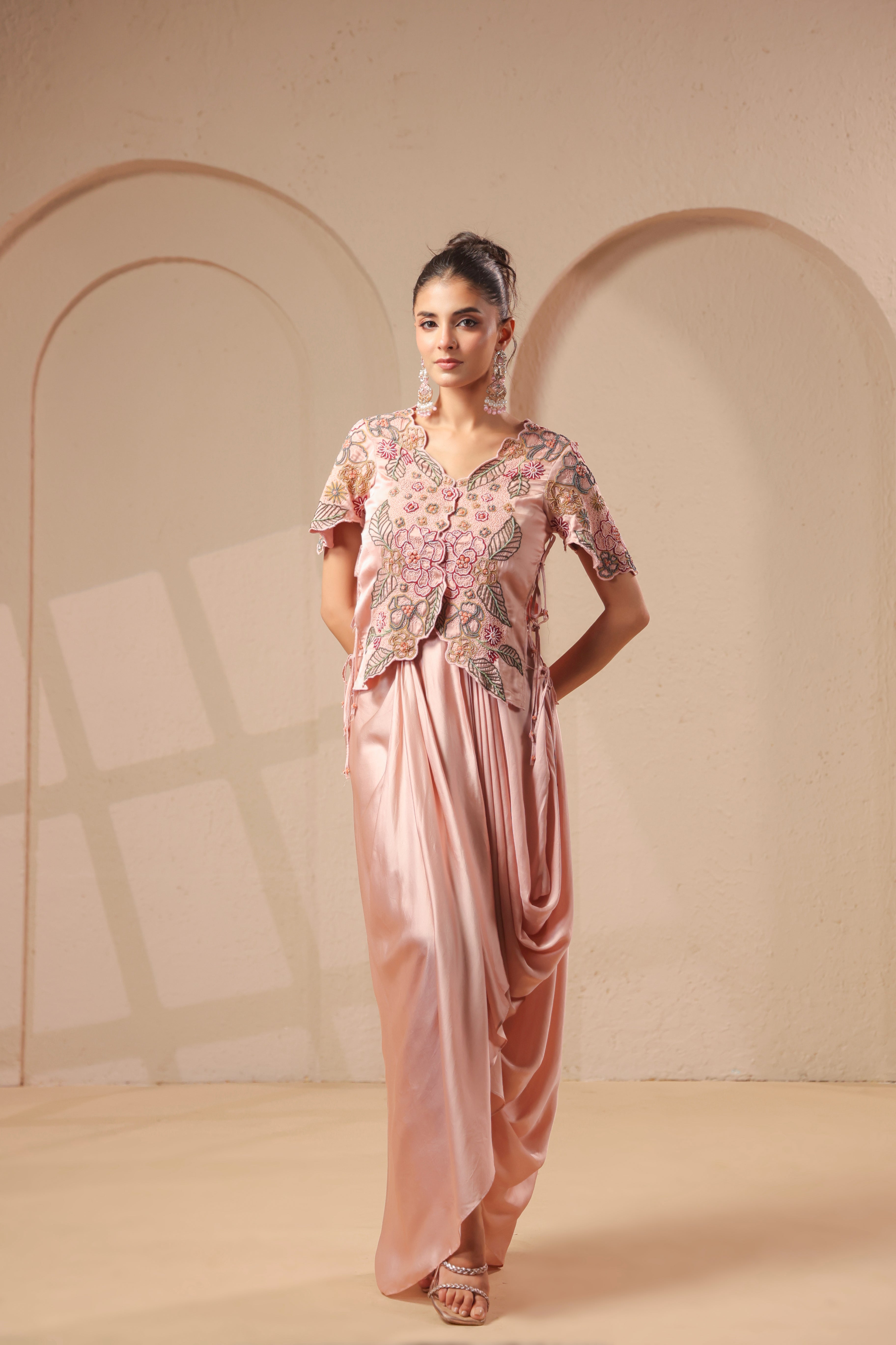 Rose Gold Embellished Modal Satin Silk Skirt Set