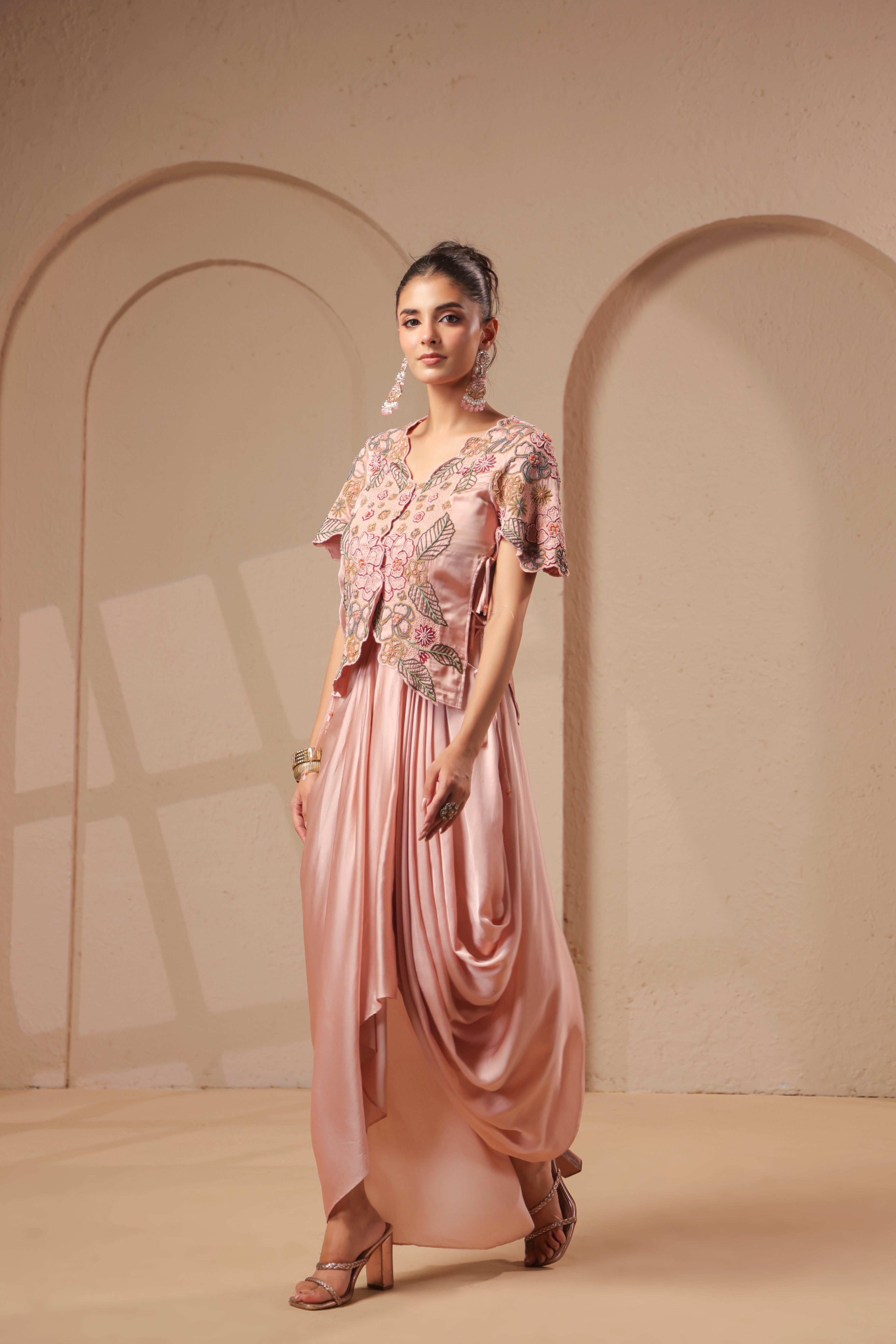 Rose Gold Embellished Modal Satin Silk Skirt Set