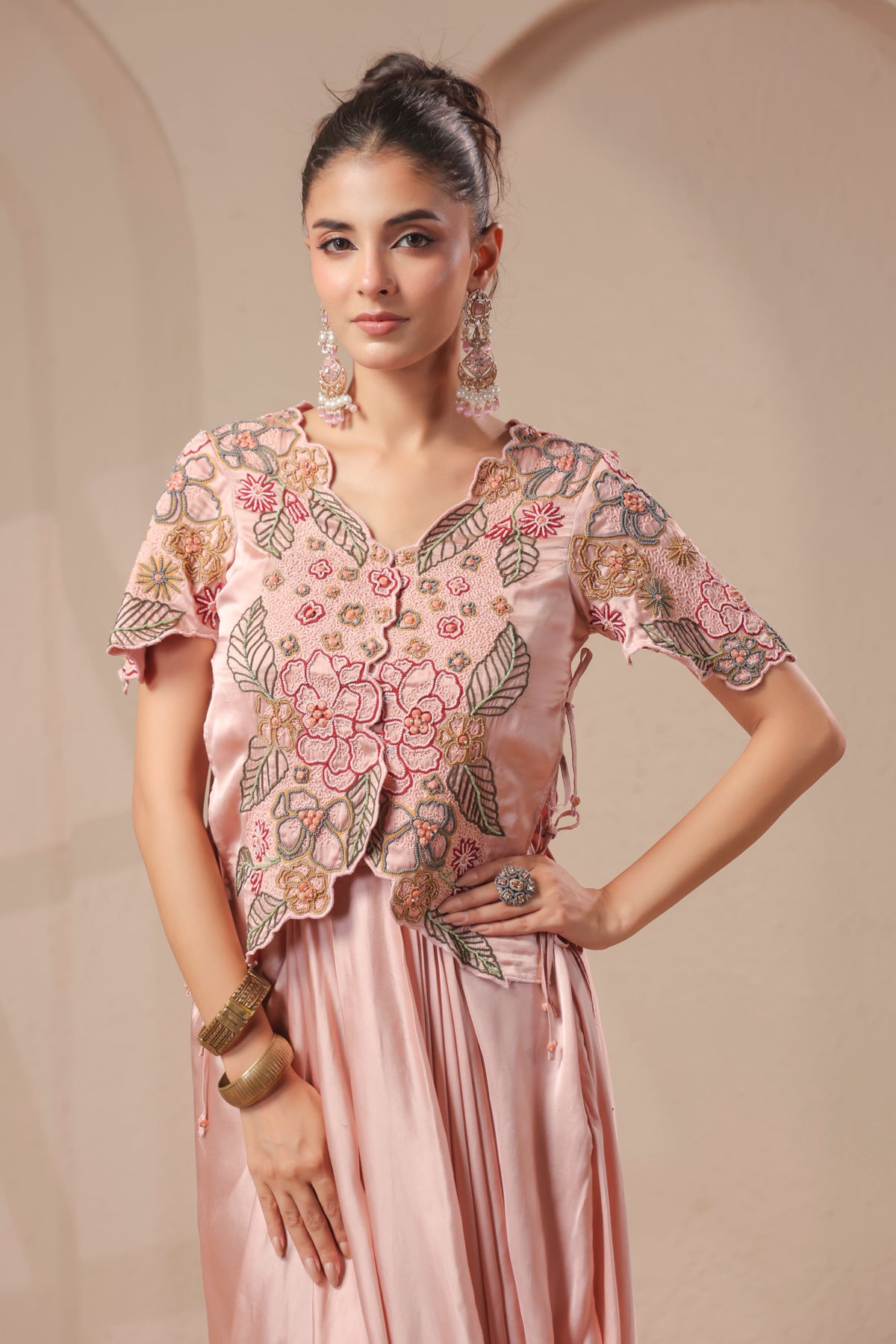 Rose Gold Embellished Modal Satin Silk Skirt Set